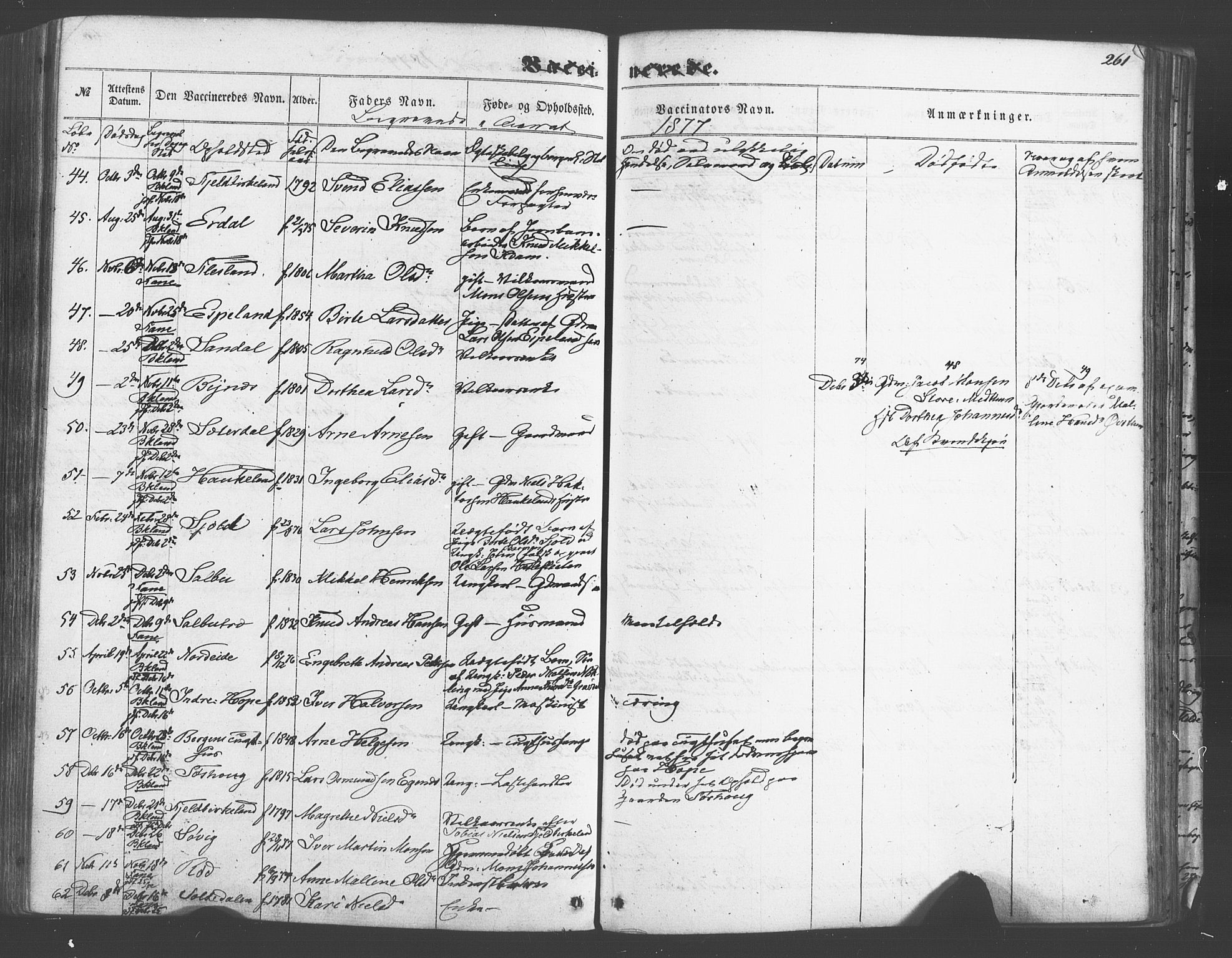 Fana Sokneprestembete, AV/SAB-A-75101/H/Haa/Haaa/L0012: Parish register (official) no. A 12, 1862-1878, p. 261