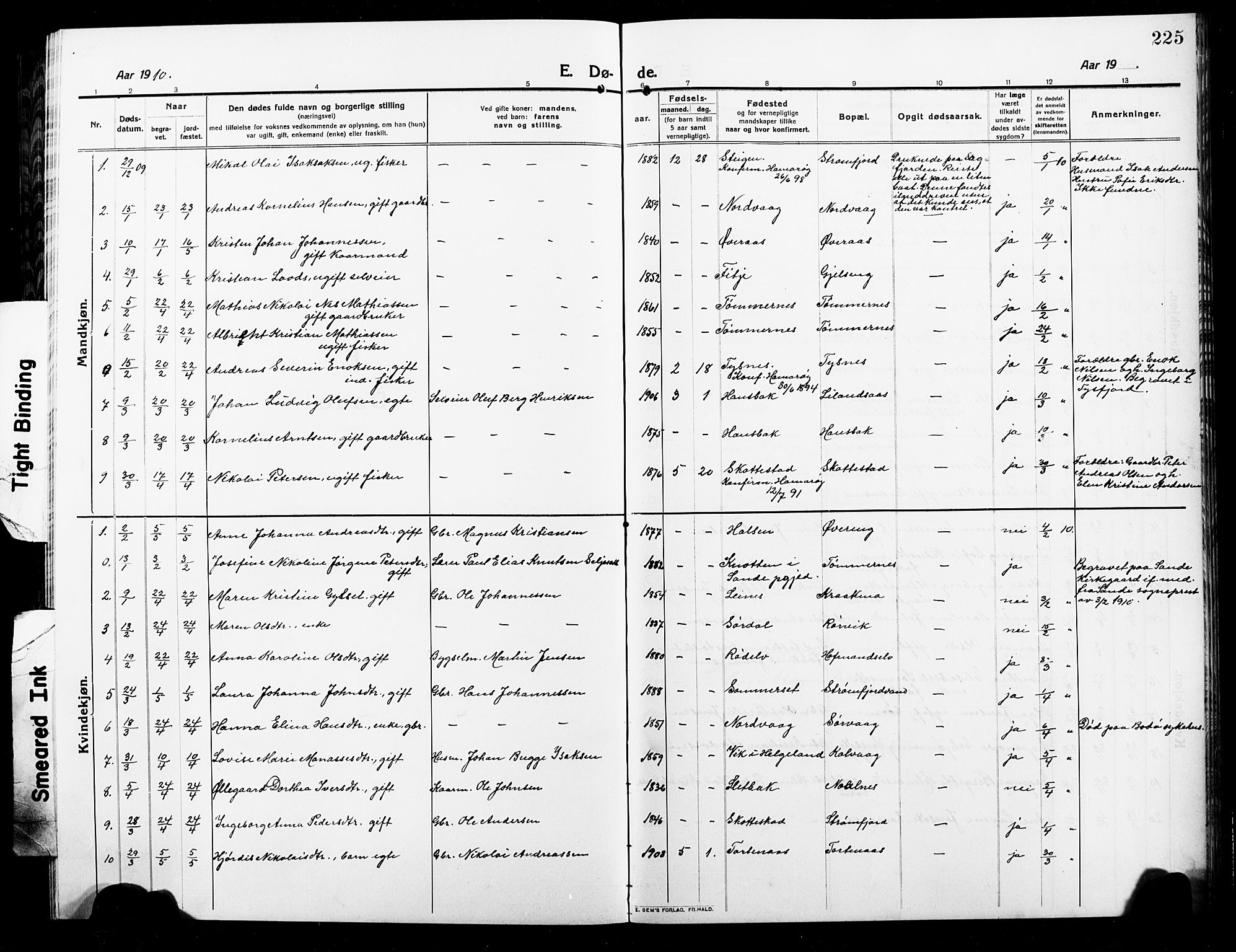 Ministerialprotokoller, klokkerbøker og fødselsregistre - Nordland, SAT/A-1459/859/L0861: Parish register (copy) no. 859C07, 1910-1925, p. 225