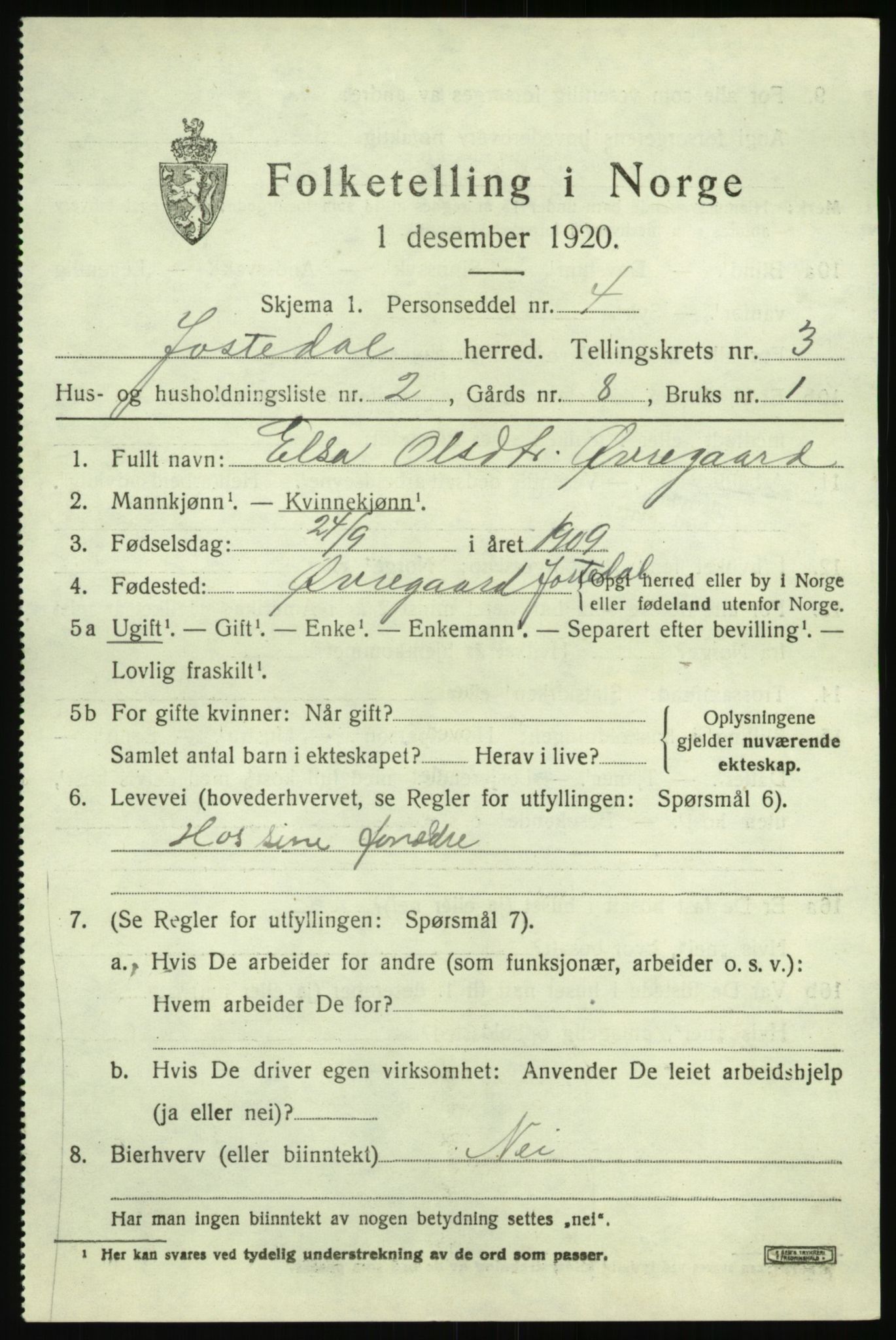 SAB, 1920 census for Jostedal, 1920, p. 1082