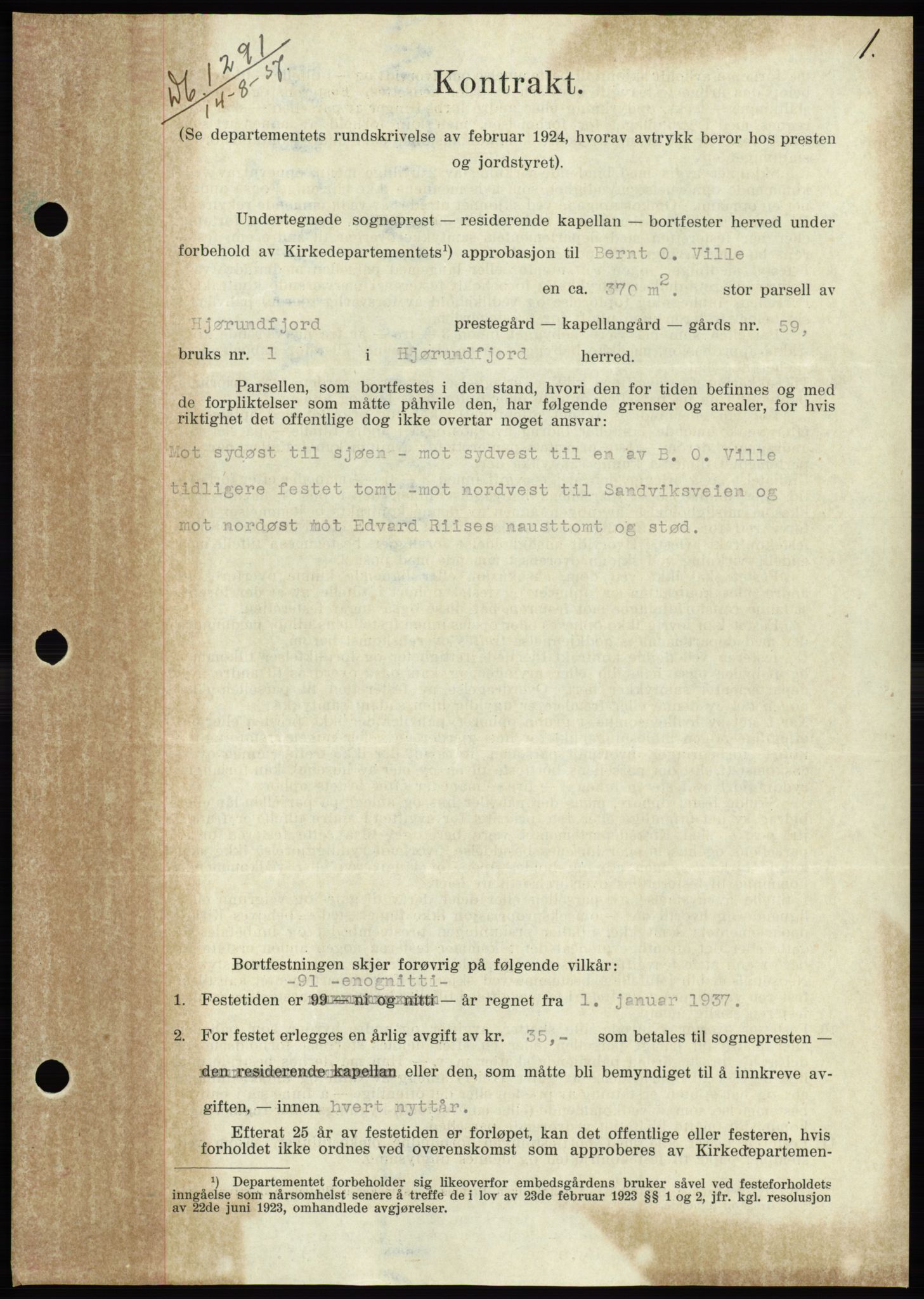 Søre Sunnmøre sorenskriveri, AV/SAT-A-4122/1/2/2C/L0064: Mortgage book no. 58, 1937-1938, Diary no: : 1291/1937