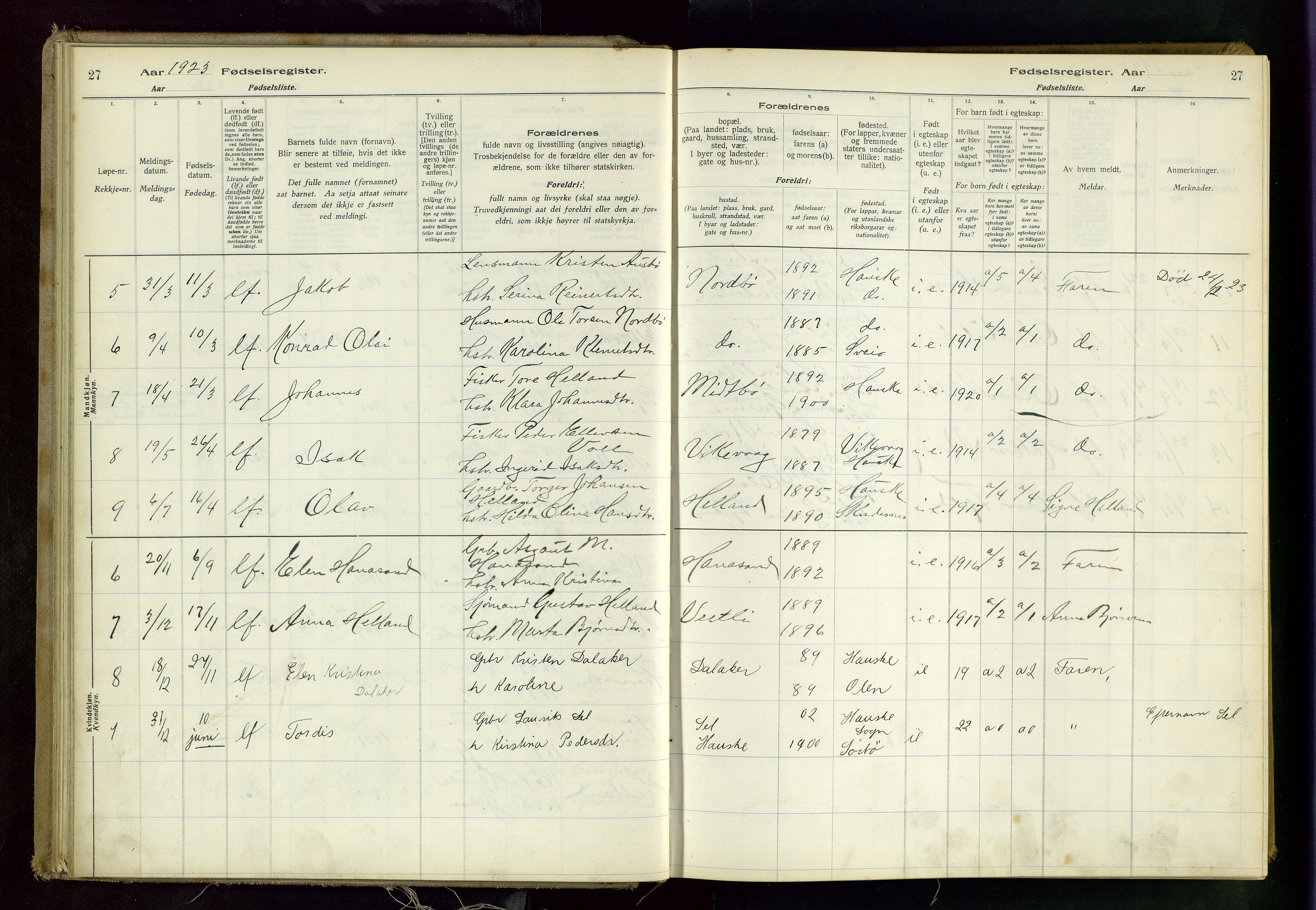 Rennesøy sokneprestkontor, AV/SAST-A -101827/I/Id/L0001: Birth register no. 1, 1916-1982, p. 27