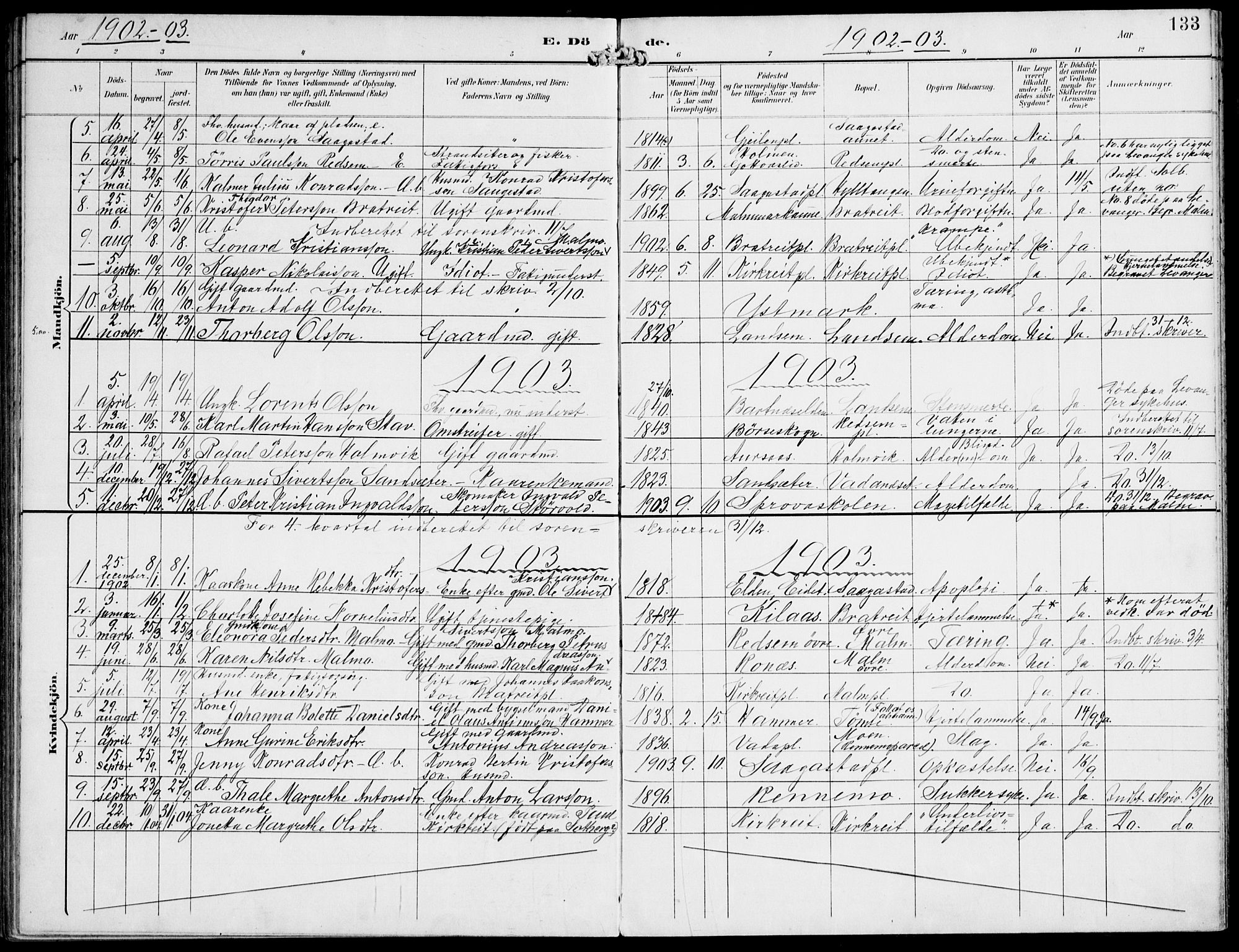 Ministerialprotokoller, klokkerbøker og fødselsregistre - Nord-Trøndelag, SAT/A-1458/745/L0430: Parish register (official) no. 745A02, 1895-1913, p. 133