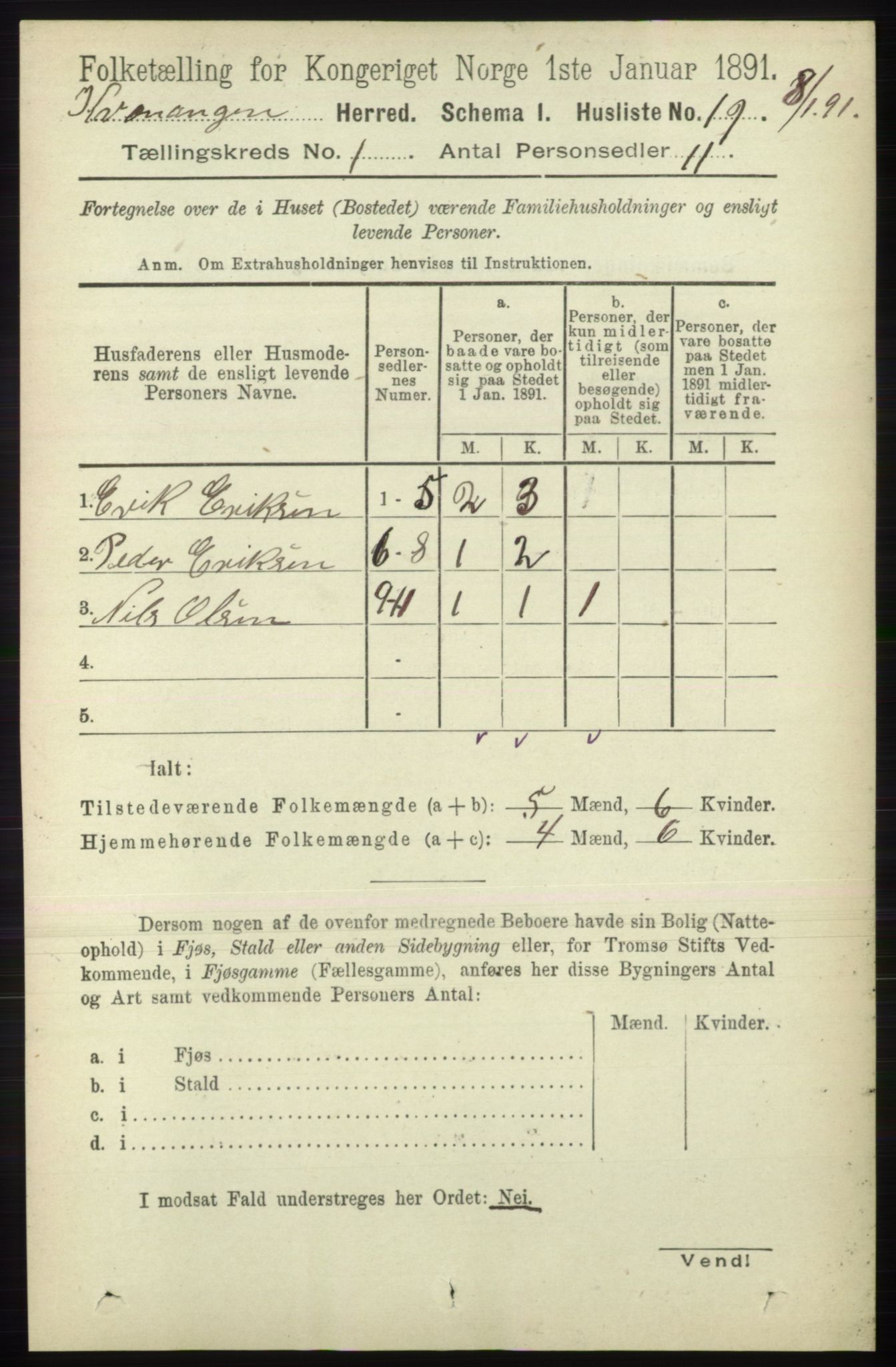 RA, 1891 census for 1943 Kvænangen, 1891, p. 33