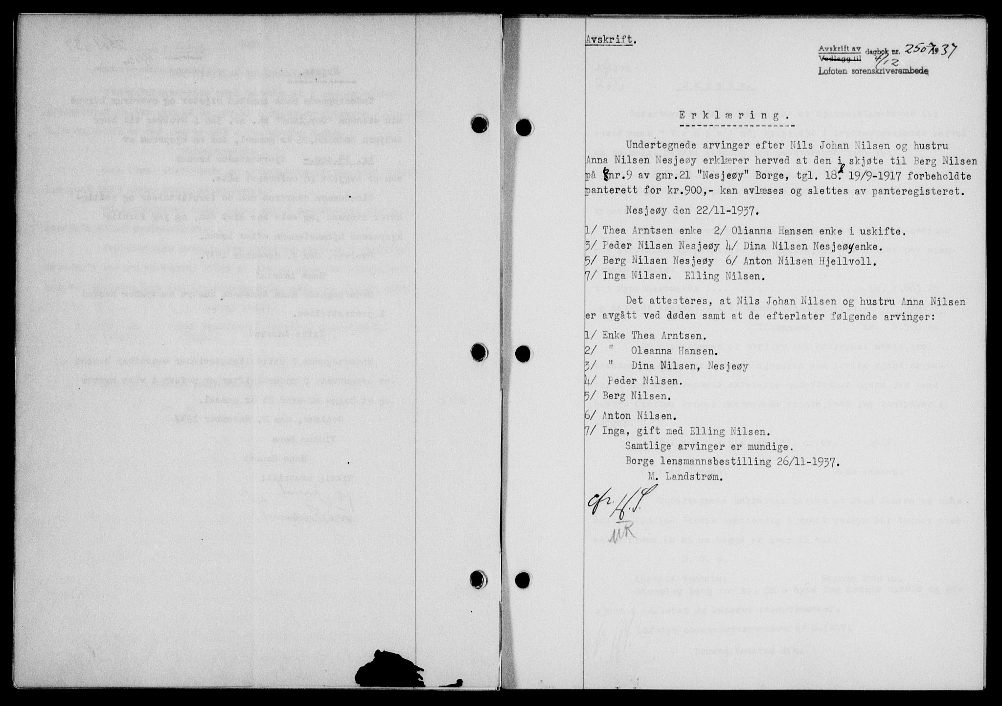 Lofoten sorenskriveri, SAT/A-0017/1/2/2C/L0003a: Mortgage book no. 3a, 1937-1938, Diary no: : 2507/1937