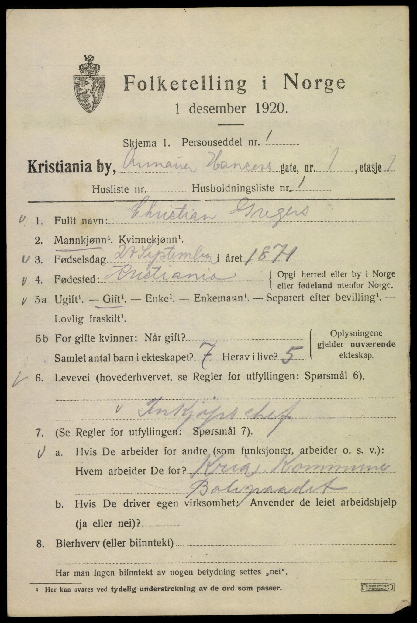 SAO, 1920 census for Kristiania, 1920, p. 145011