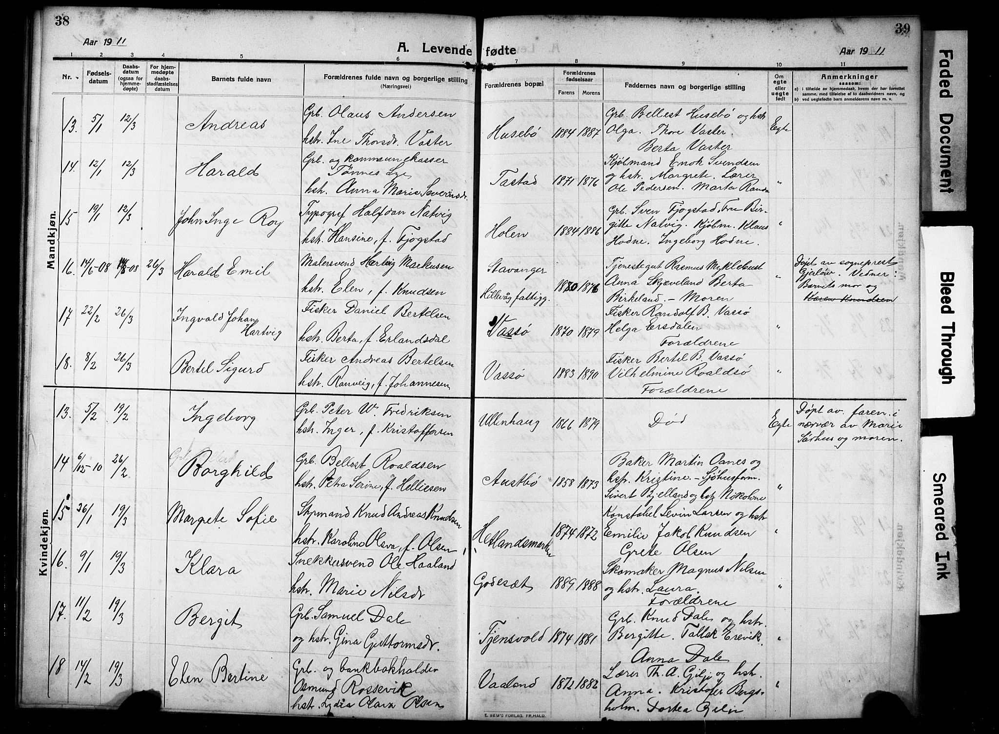 Hetland sokneprestkontor, AV/SAST-A-101826/30/30BB/L0008: Parish register (copy) no. B 8, 1910-1921, p. 38-39