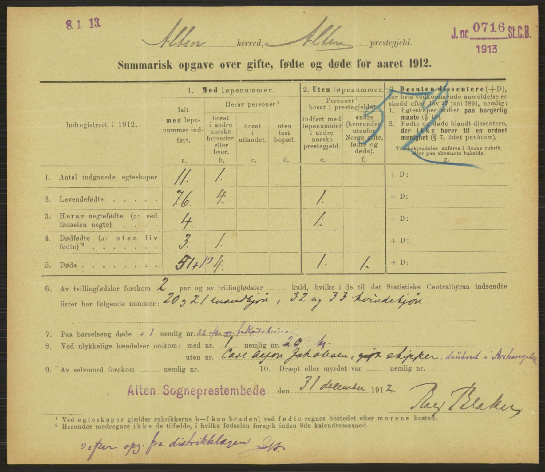 Statistisk sentralbyrå, Sosiodemografiske emner, Befolkning, RA/S-2228/D/Df/Dfb/Dfbb/L0052: Summariske oppgaver over gifte, fødte og døde for hele landet., 1912, p. 1535