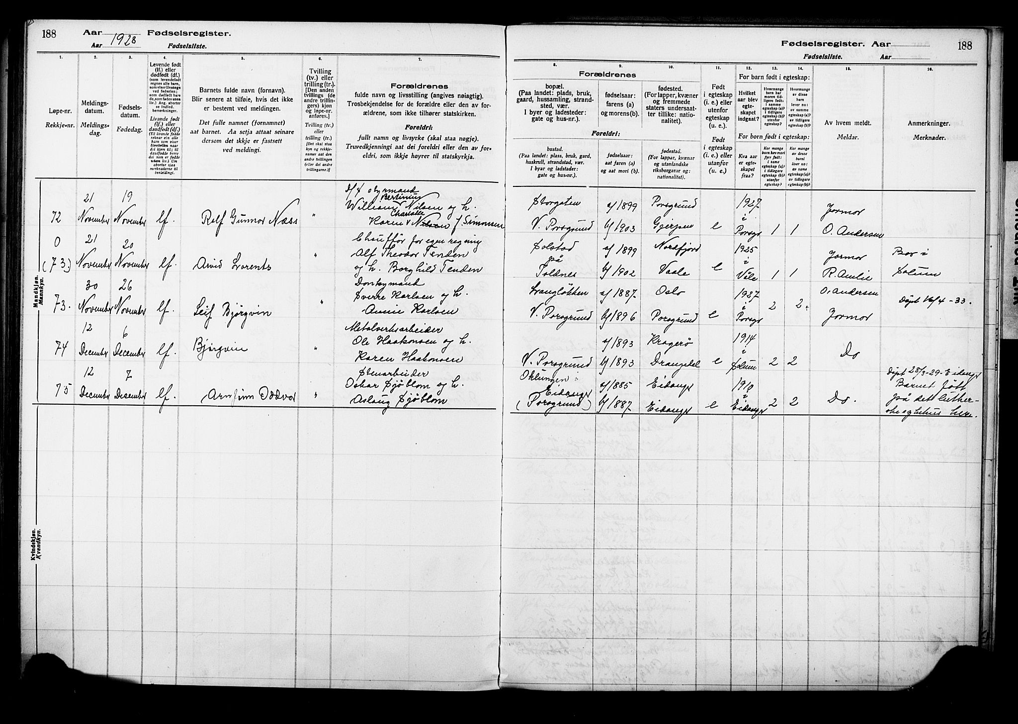 Porsgrunn kirkebøker , AV/SAKO-A-104/J/Ja/L0001: Birth register no. 1, 1916-1929, p. 188