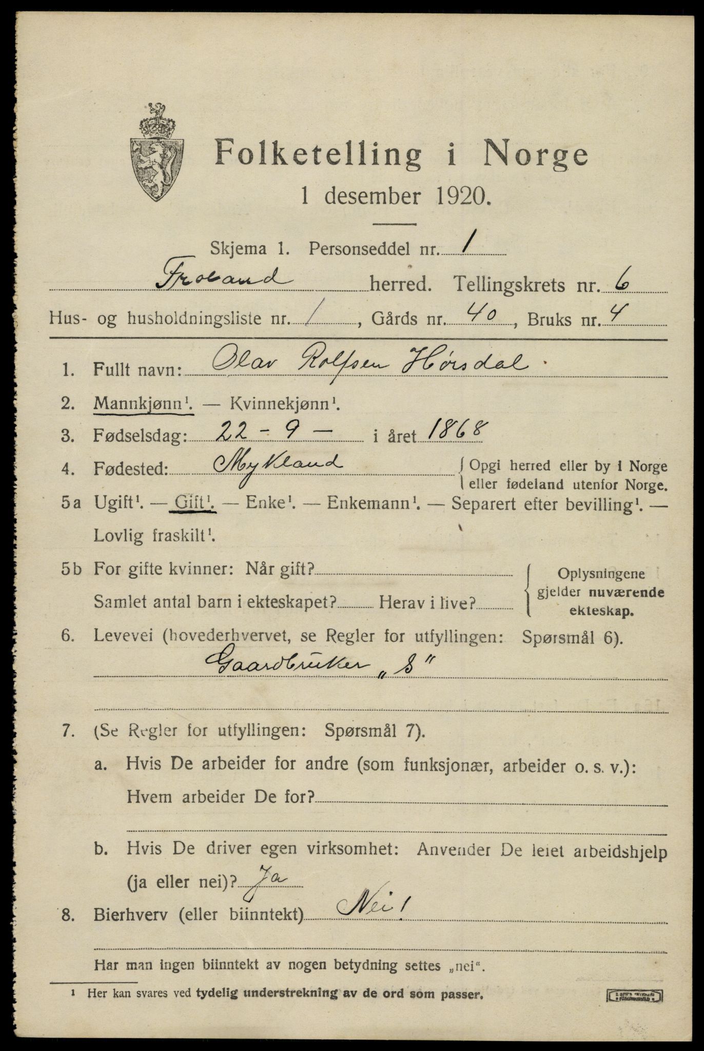 SAK, 1920 census for Froland, 1920, p. 4037