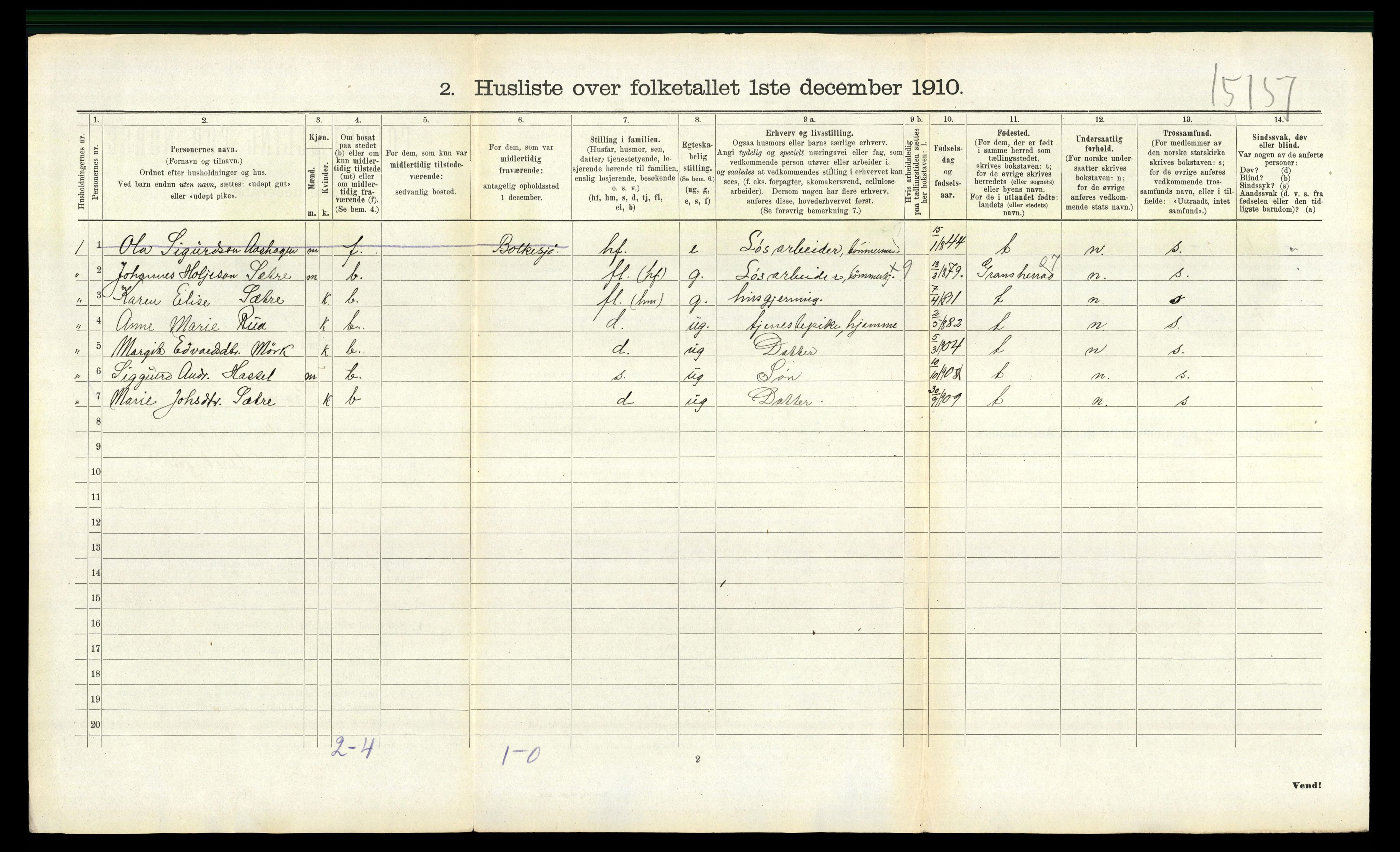 RA, 1910 census for Gransherad, 1910, p. 485