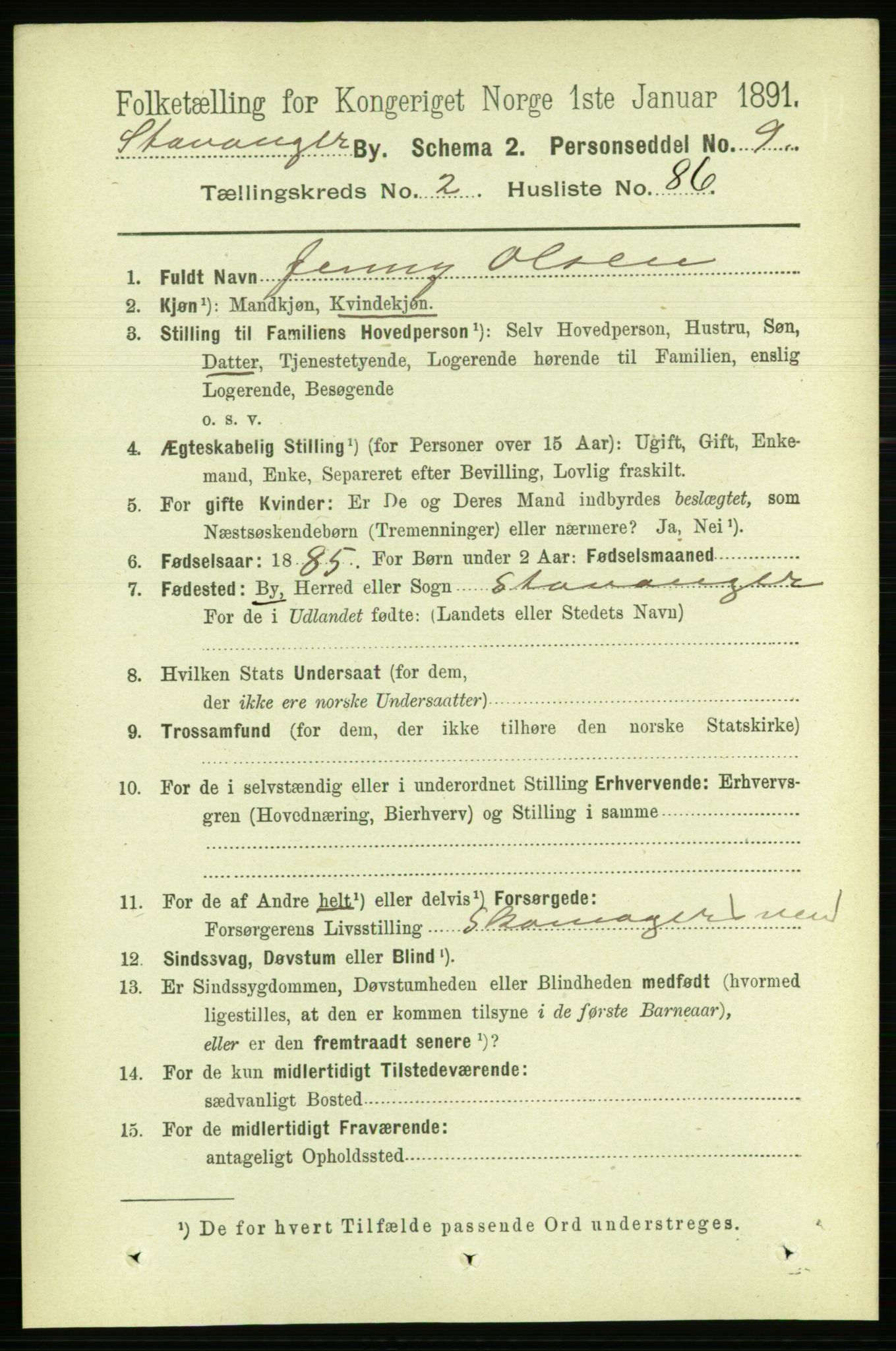 RA, 1891 census for 1103 Stavanger, 1891, p. 6675