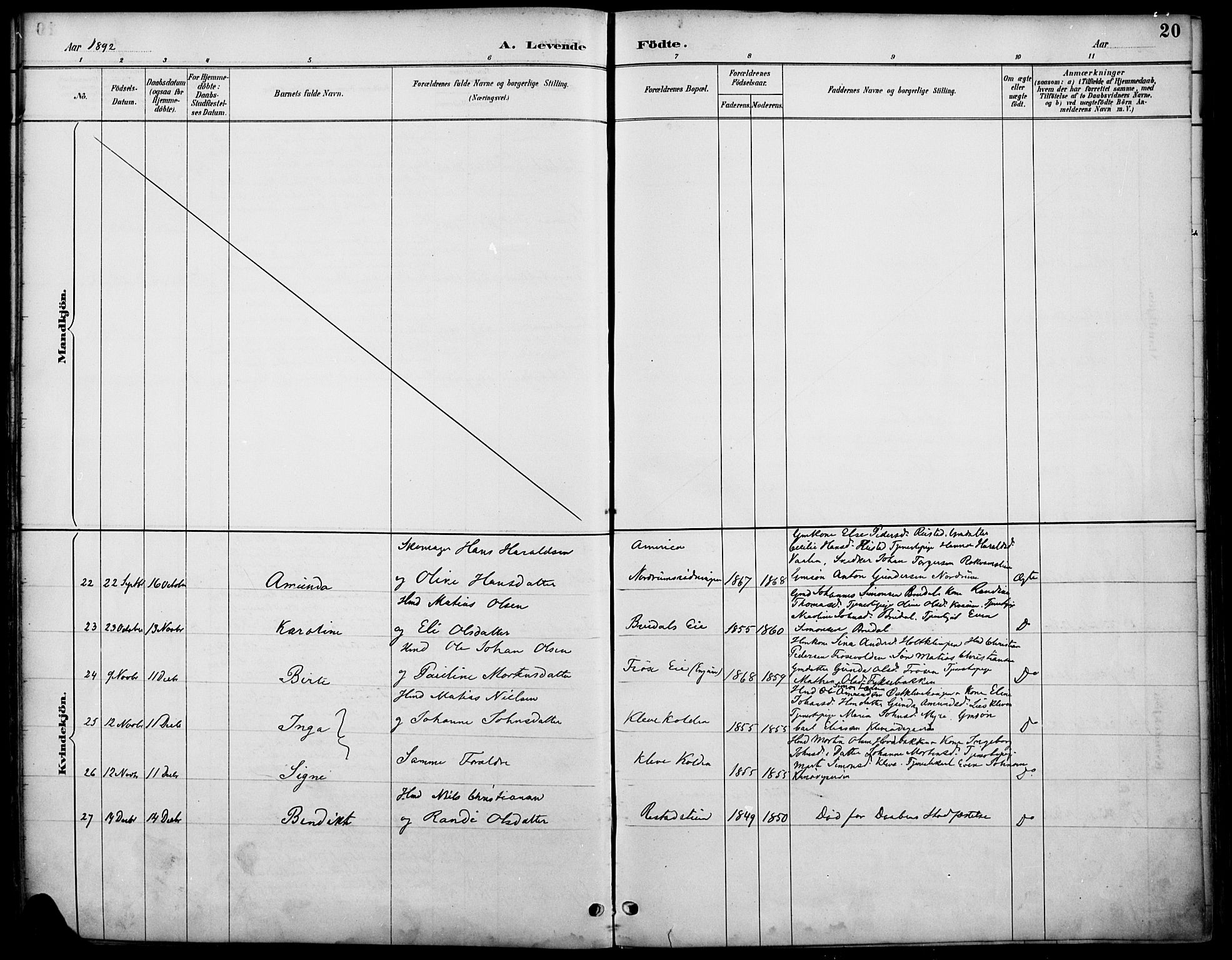 Østre Gausdal prestekontor, SAH/PREST-092/H/Ha/Haa/L0002: Parish register (official) no. 2, 1887-1897, p. 20