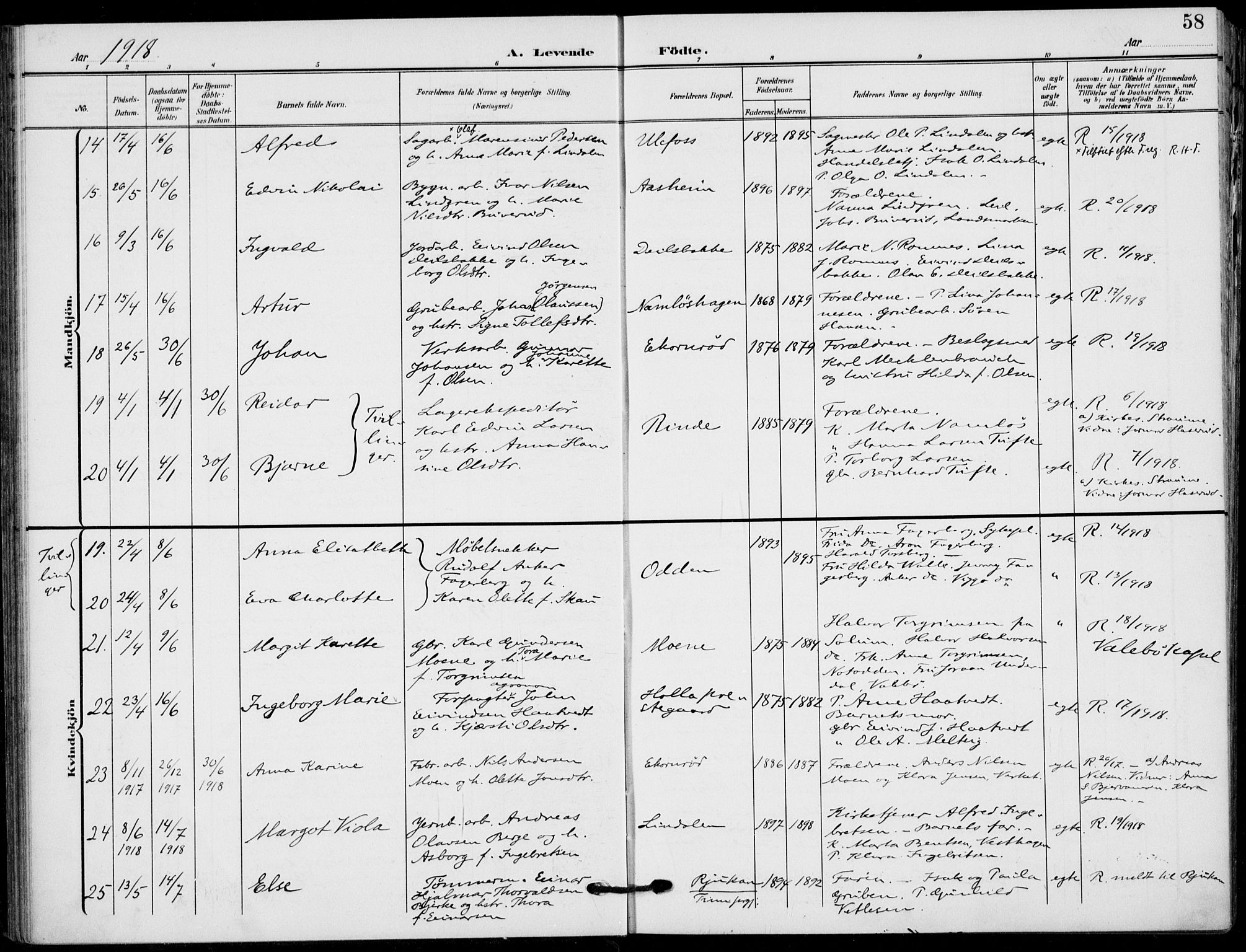 Holla kirkebøker, SAKO/A-272/F/Fa/L0012: Parish register (official) no. 12, 1907-1923, p. 58