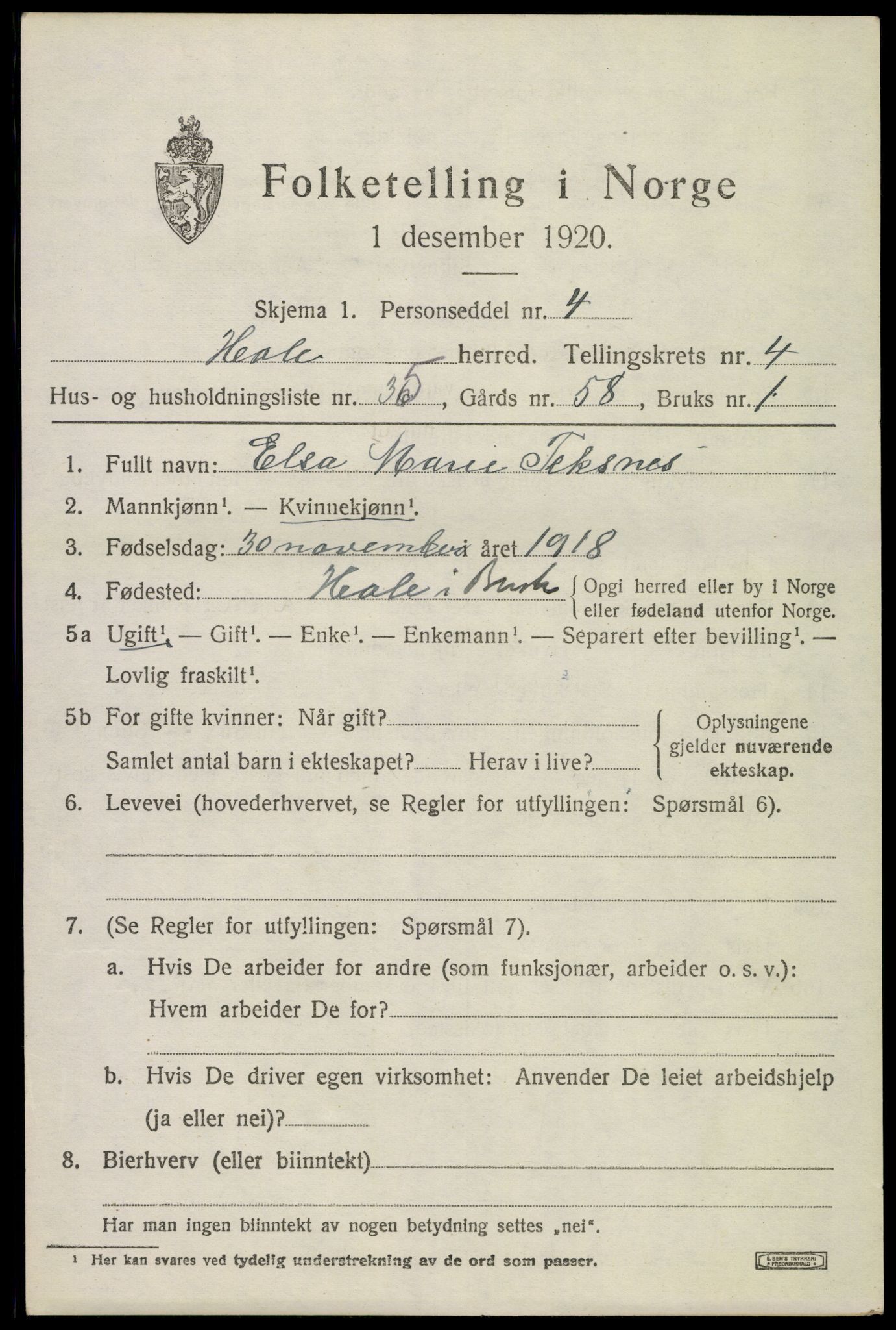 SAKO, 1920 census for Hole, 1920, p. 3355