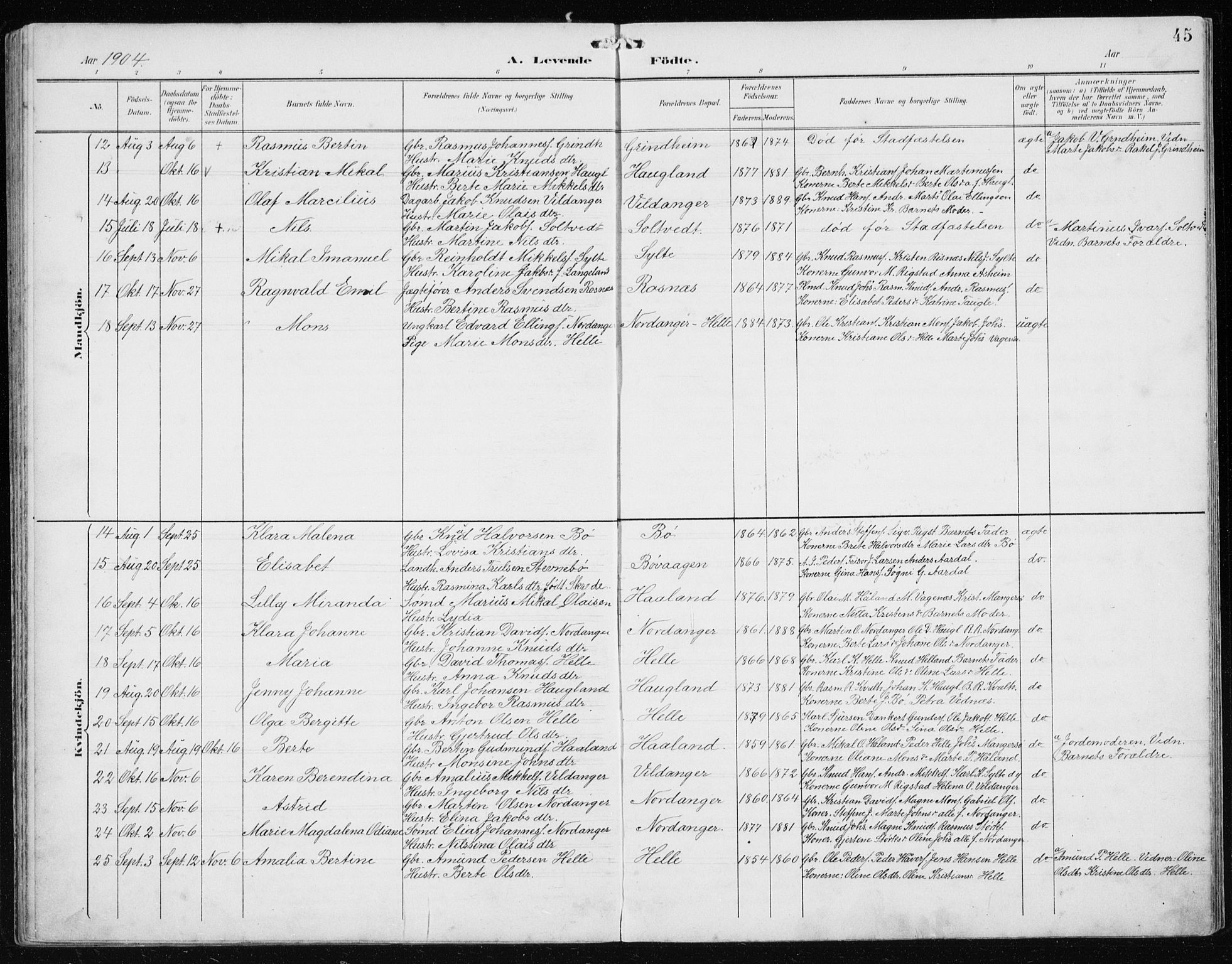 Manger sokneprestembete, AV/SAB-A-76801/H/Hab: Parish register (copy) no. B 3, 1891-1907, p. 45