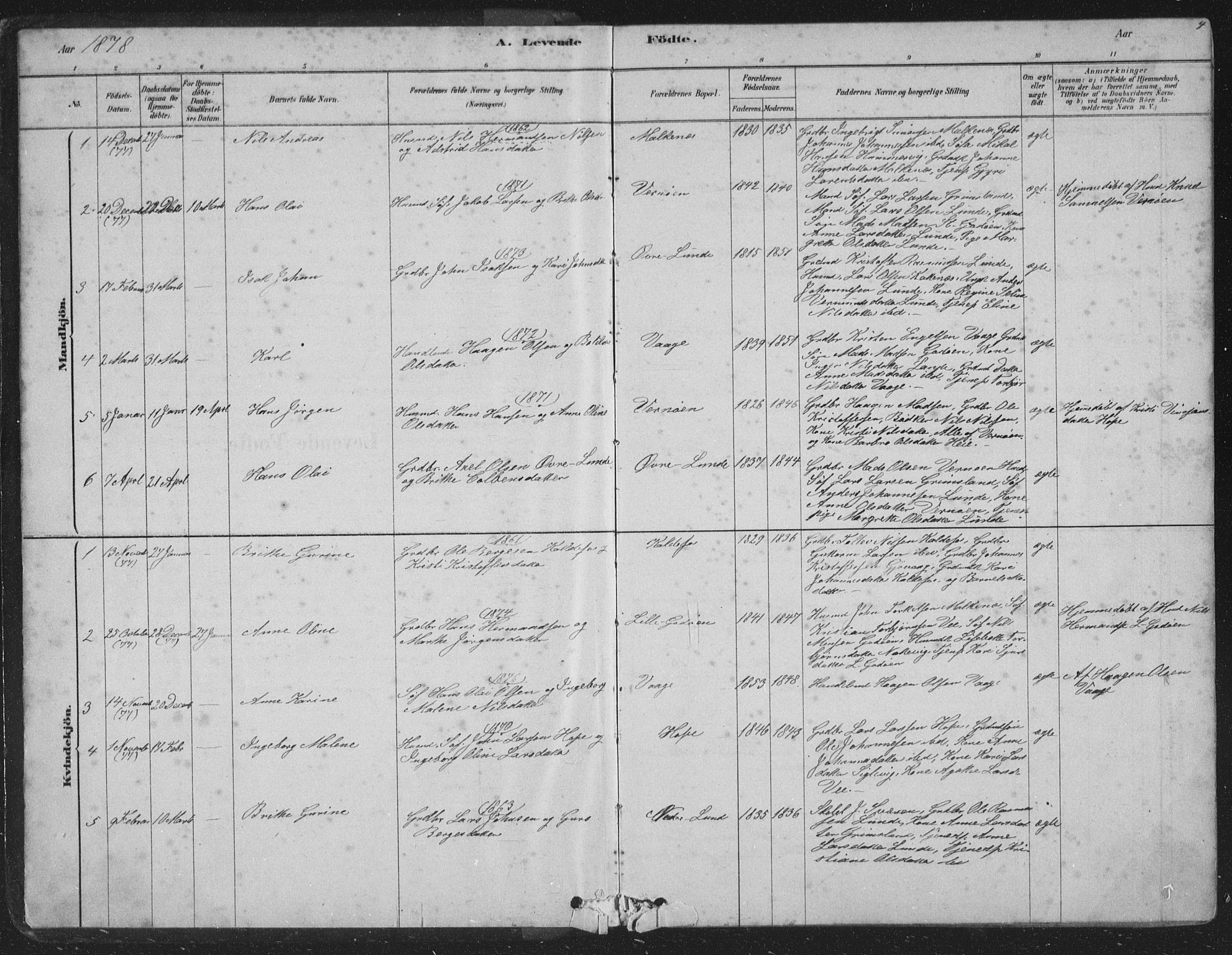 Tysnes sokneprestembete, SAB/A-78601/H/Hab: Parish register (copy) no. B 2, 1878-1918, p. 4