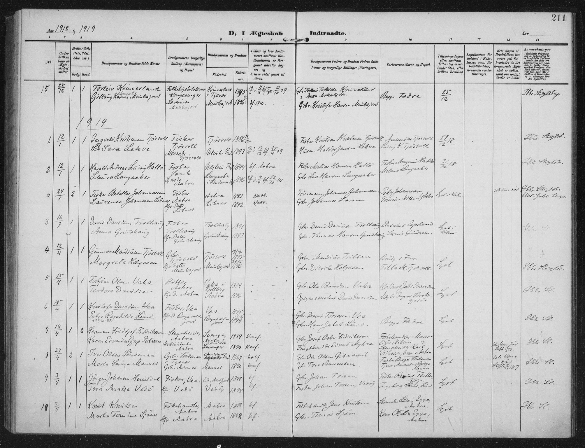 Kopervik sokneprestkontor, SAST/A-101850/H/Ha/Haa/L0005: Parish register (official) no. A 5, 1906-1924, p. 211