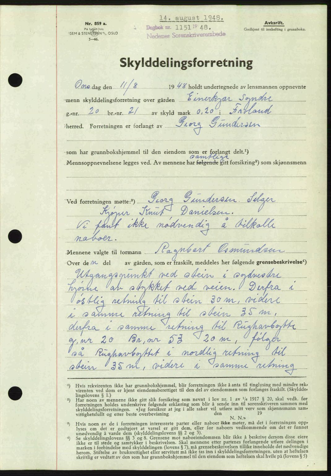 Nedenes sorenskriveri, AV/SAK-1221-0006/G/Gb/Gba/L0059: Mortgage book no. A11, 1948-1948, Diary no: : 1151/1948