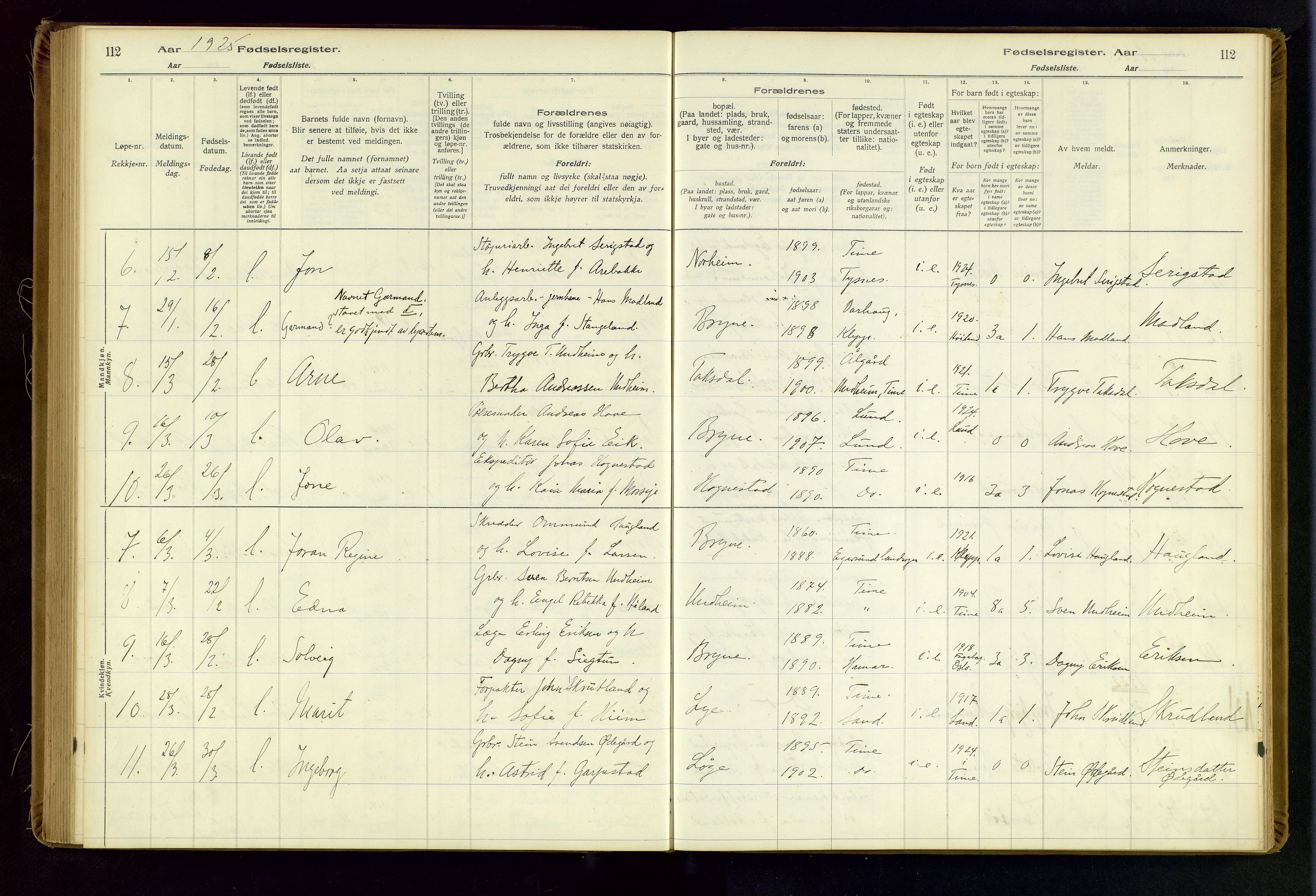 Time sokneprestkontor, AV/SAST-A-101795/001/704BA/L0001: Birth register no. 1, 1916-1934, p. 112