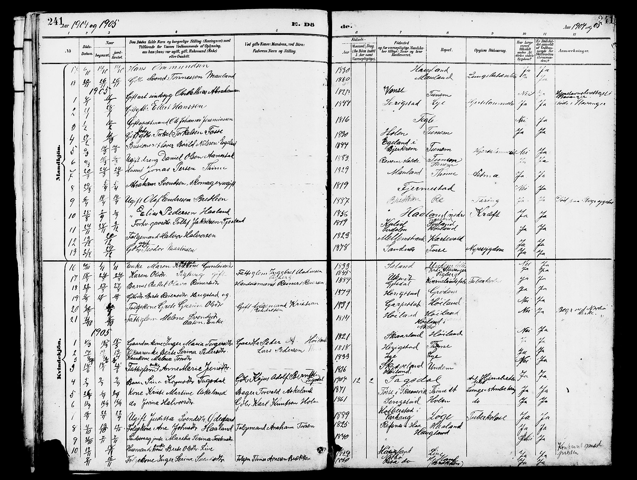 Lye sokneprestkontor, SAST/A-101794/001/30BB/L0007: Parish register (copy) no. B 8, 1889-1909, p. 241