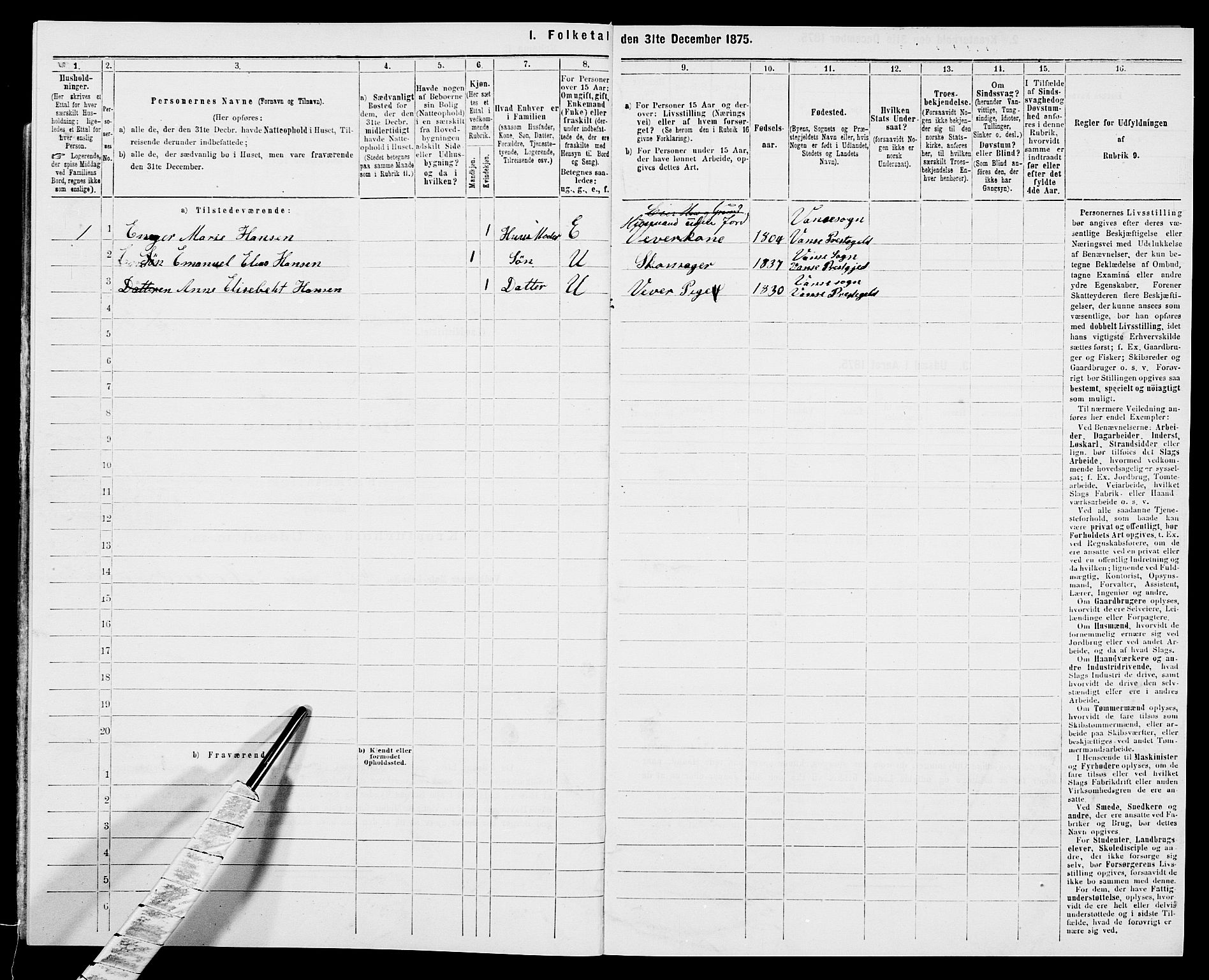 SAK, 1875 census for 1041L Vanse/Vanse og Farsund, 1875, p. 109