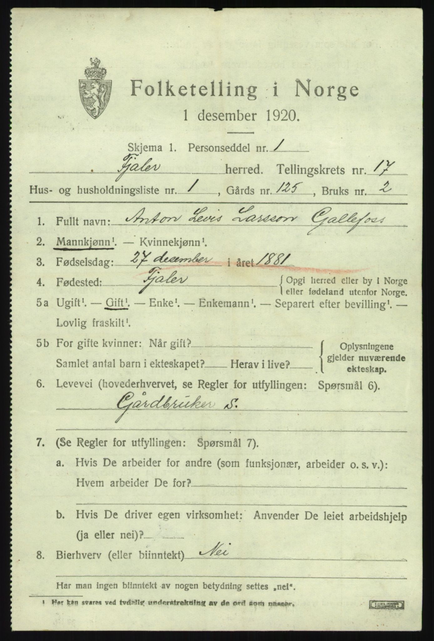 SAB, 1920 census for Fjaler, 1920, p. 8693