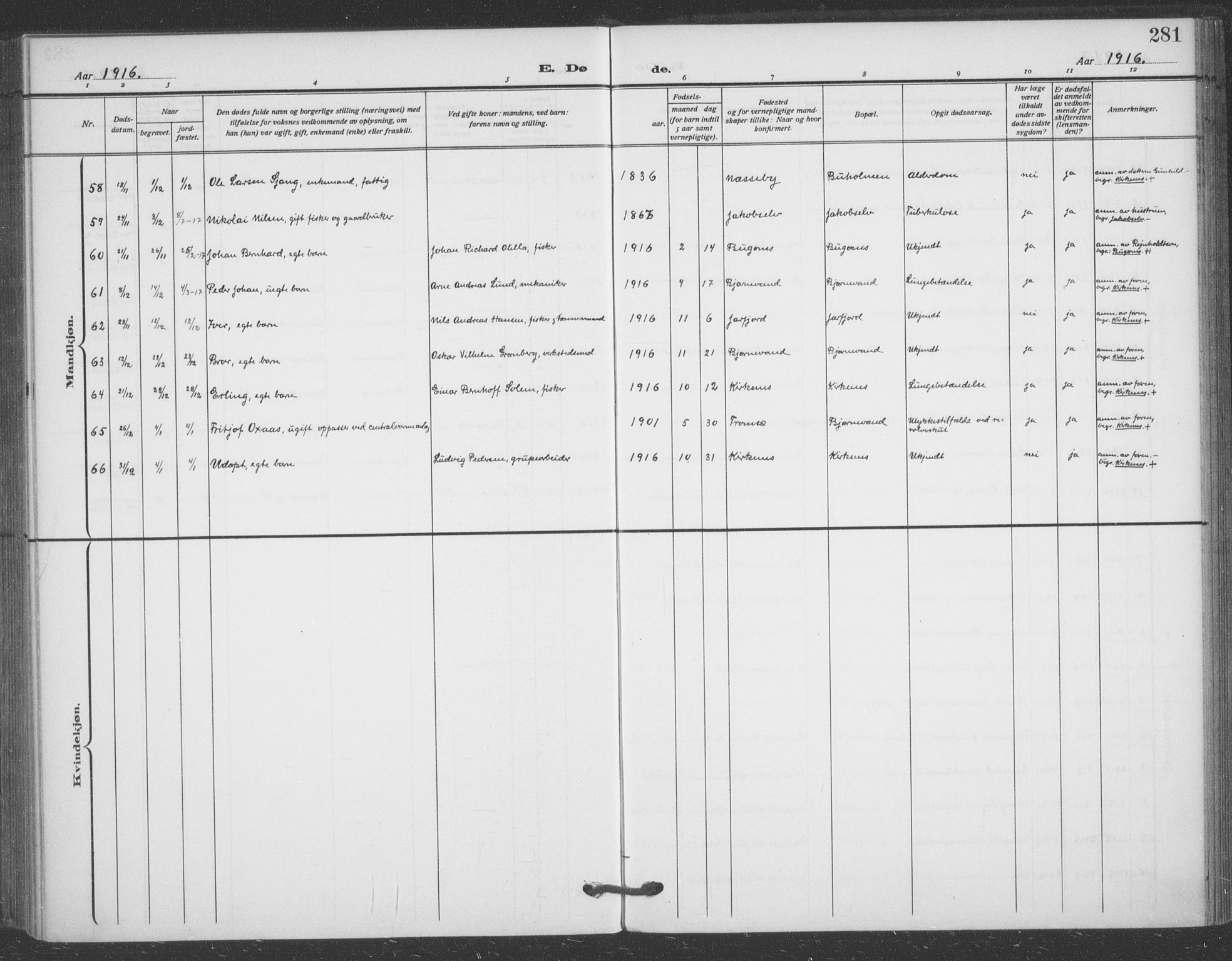 Sør-Varanger sokneprestkontor, AV/SATØ-S-1331/H/Ha/L0005kirke: Parish register (official) no. 5, 1909-1919, p. 281