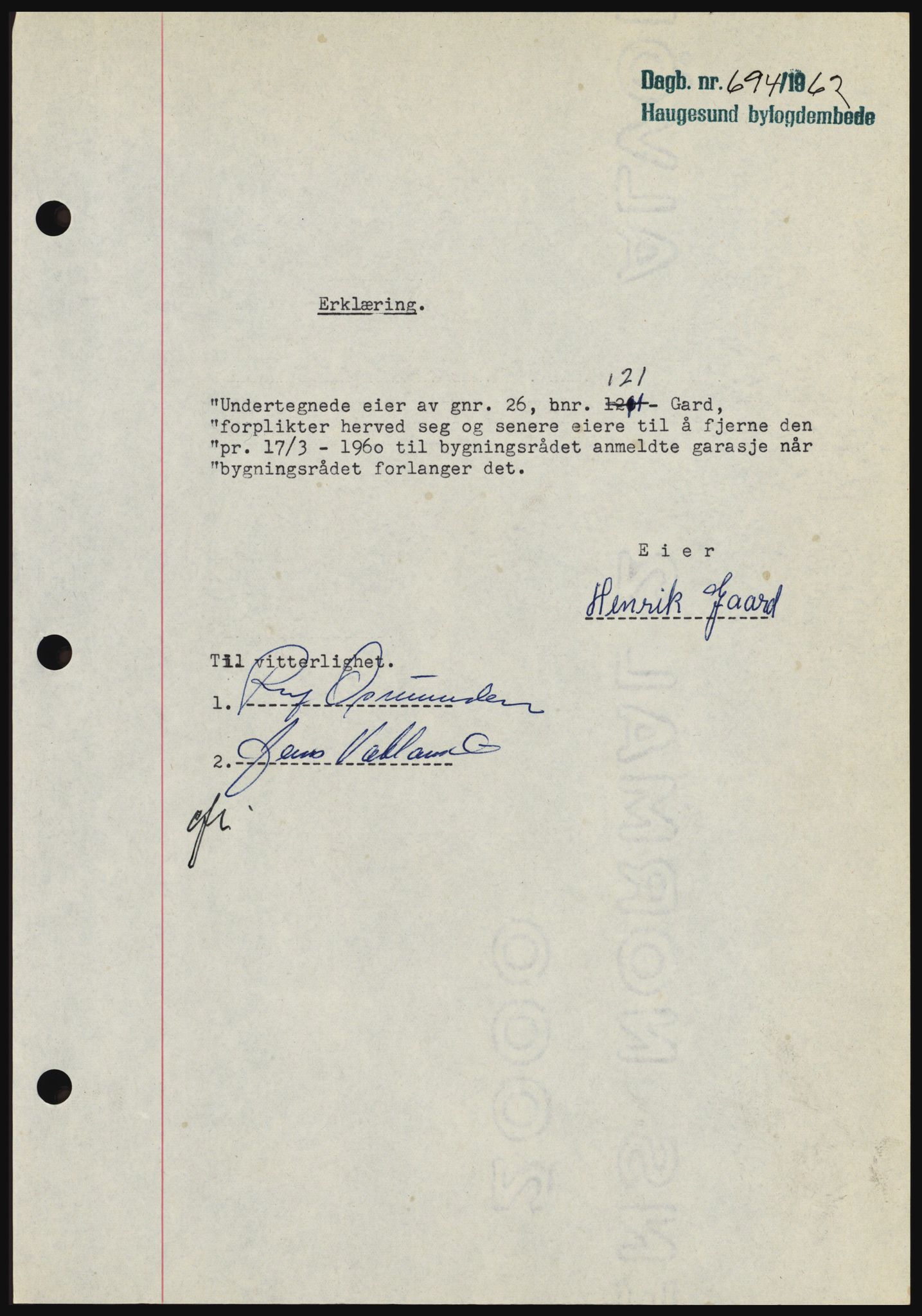 Haugesund tingrett, AV/SAST-A-101415/01/II/IIC/L0049: Mortgage book no. B 49, 1962-1962, Diary no: : 694/1962