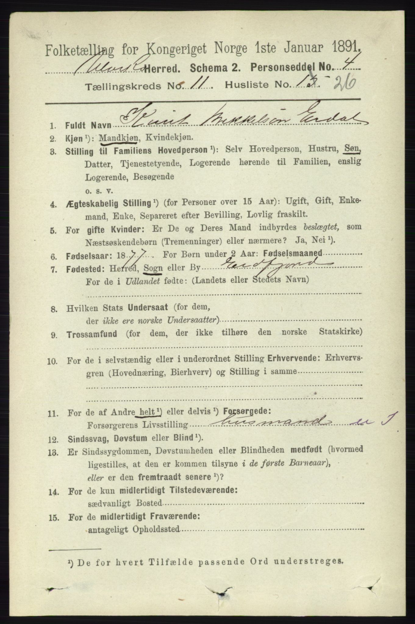 RA, 1891 census for 1233 Ulvik, 1891, p. 3601