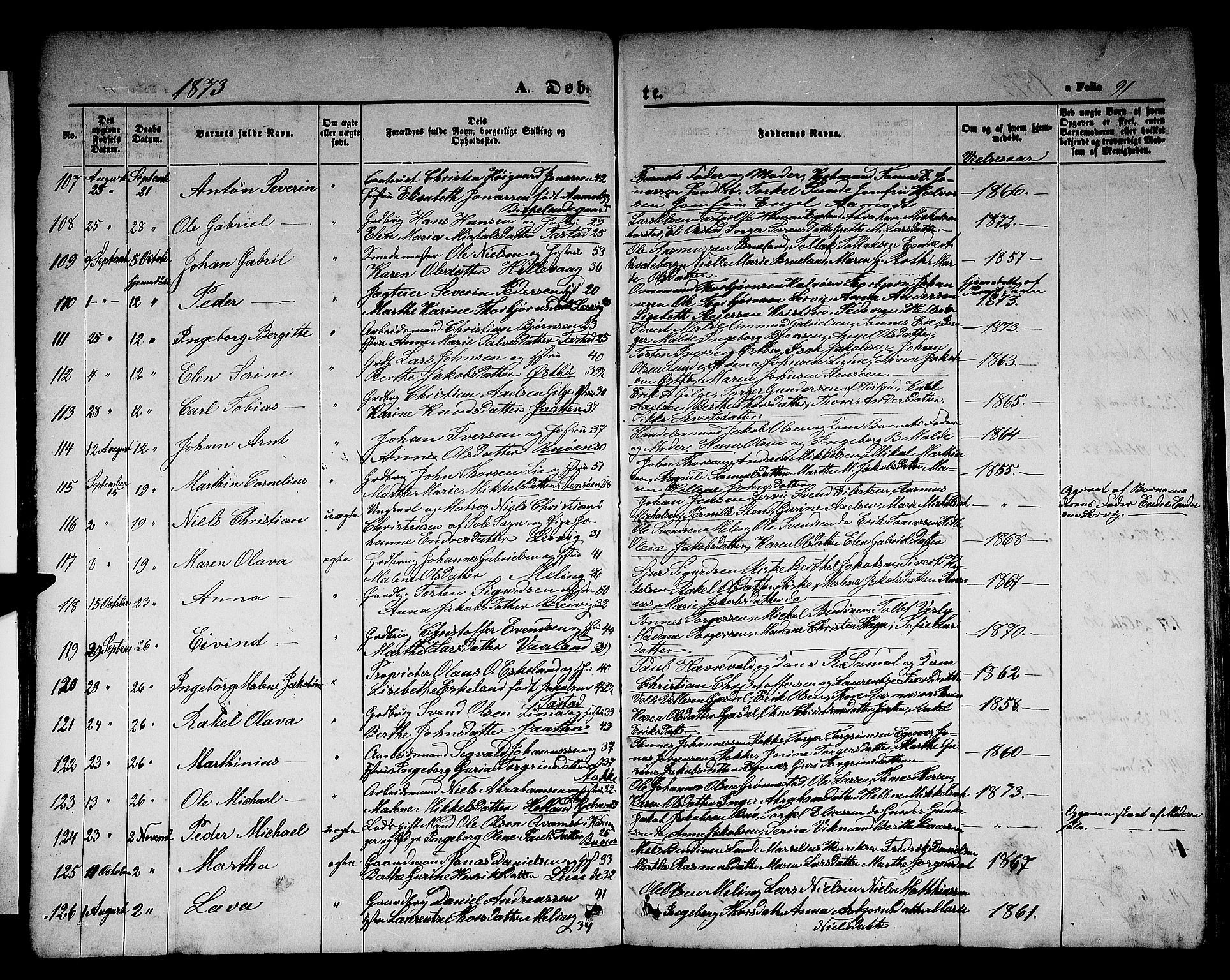 Hetland sokneprestkontor, SAST/A-101826/30/30BB/L0003: Parish register (copy) no. B 3, 1863-1877, p. 91