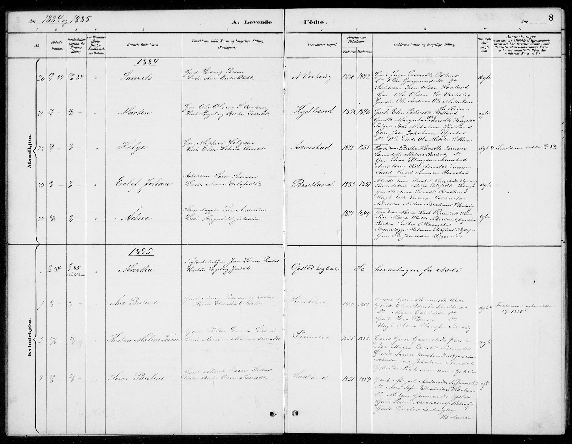Hå sokneprestkontor, SAST/A-101801/001/30BB/L0004: Parish register (copy) no. B 4, 1883-1899, p. 8