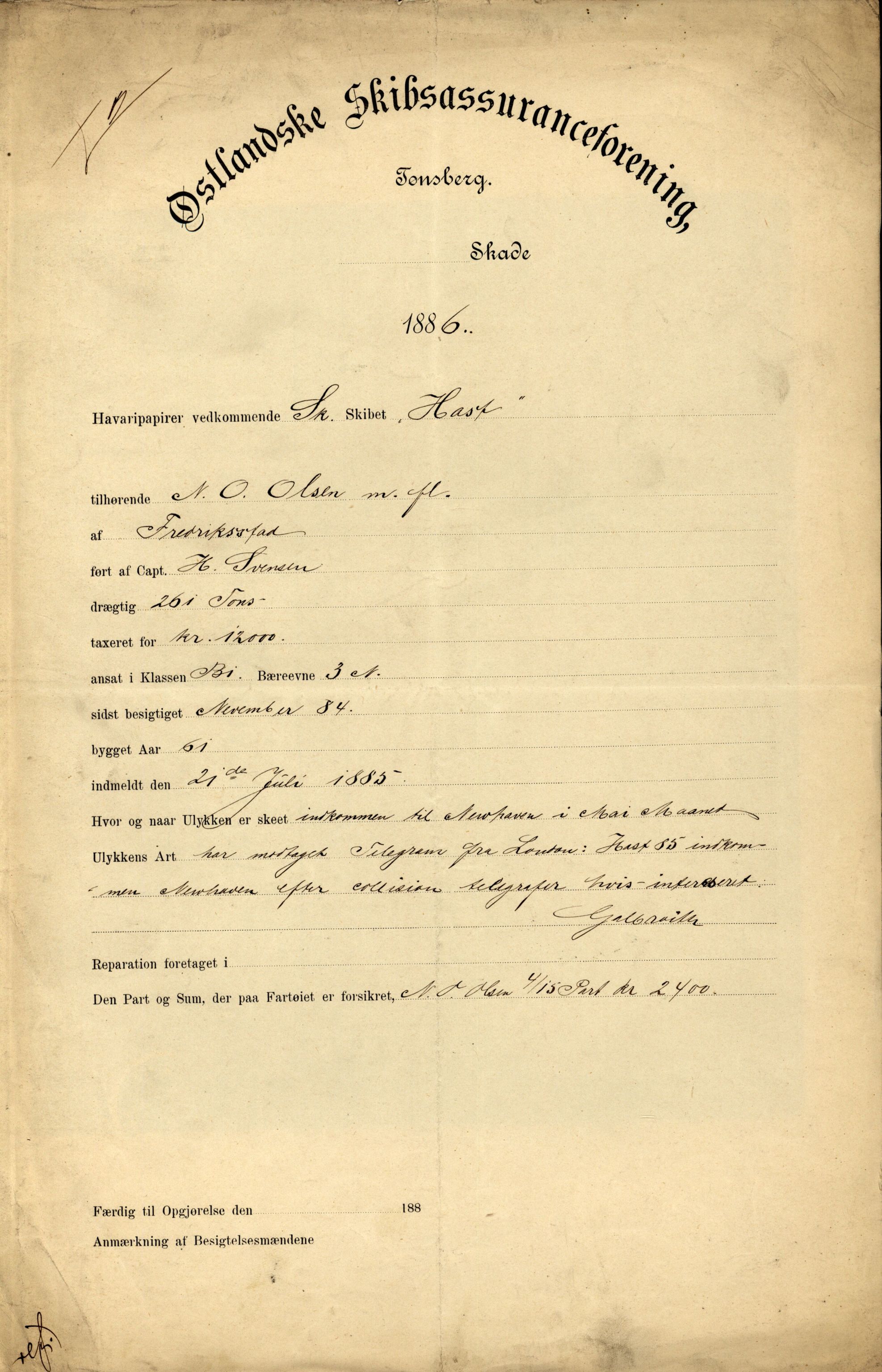 Pa 63 - Østlandske skibsassuranceforening, VEMU/A-1079/G/Ga/L0019/0007: Havaridokumenter / Flora, Foldin, Fix, Flora, Hast, Kvik, Pehr, 1886-1887, p. 25