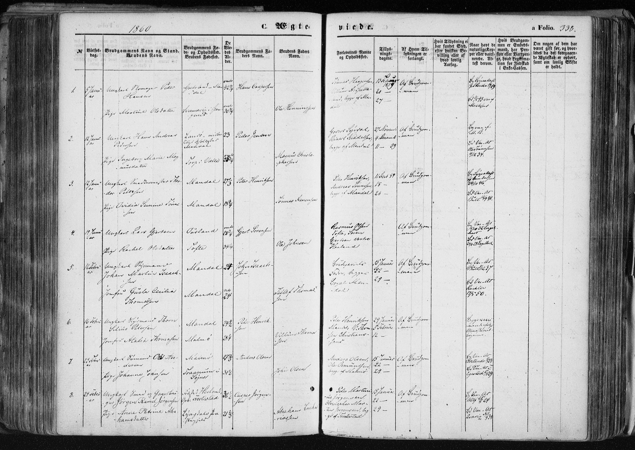 Mandal sokneprestkontor, SAK/1111-0030/F/Fa/Faa/L0014: Parish register (official) no. A 14, 1859-1872, p. 338