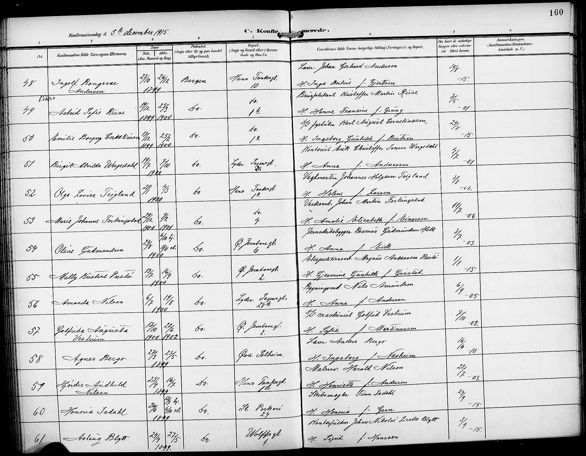 Johanneskirken sokneprestembete, AV/SAB-A-76001/H/Hab: Parish register (copy) no. B 2, 1907-1924, p. 160