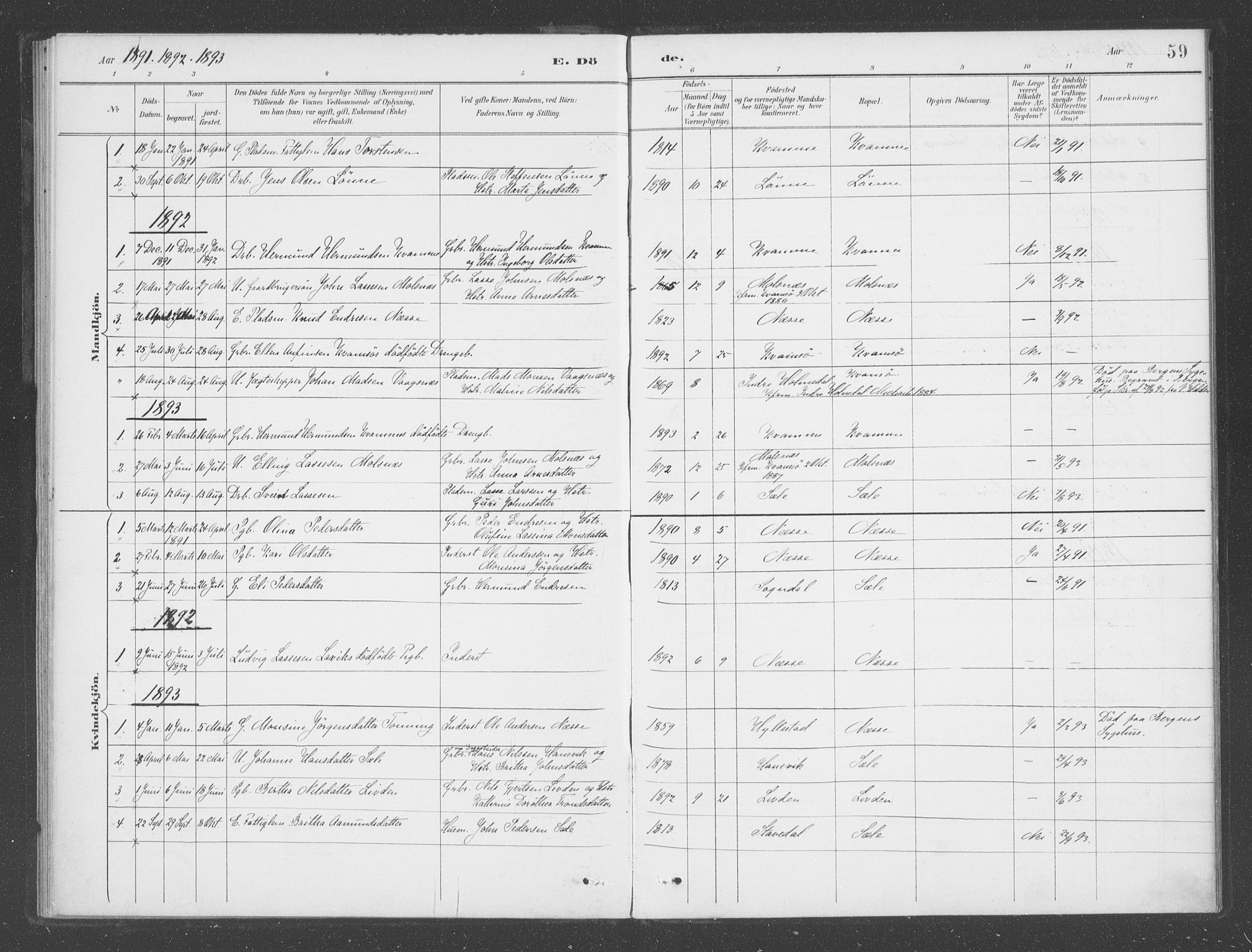 Vik sokneprestembete, AV/SAB-A-81501/H/Haa/Haad/L0002: Parish register (official) no. D  2, 1891-1907, p. 59