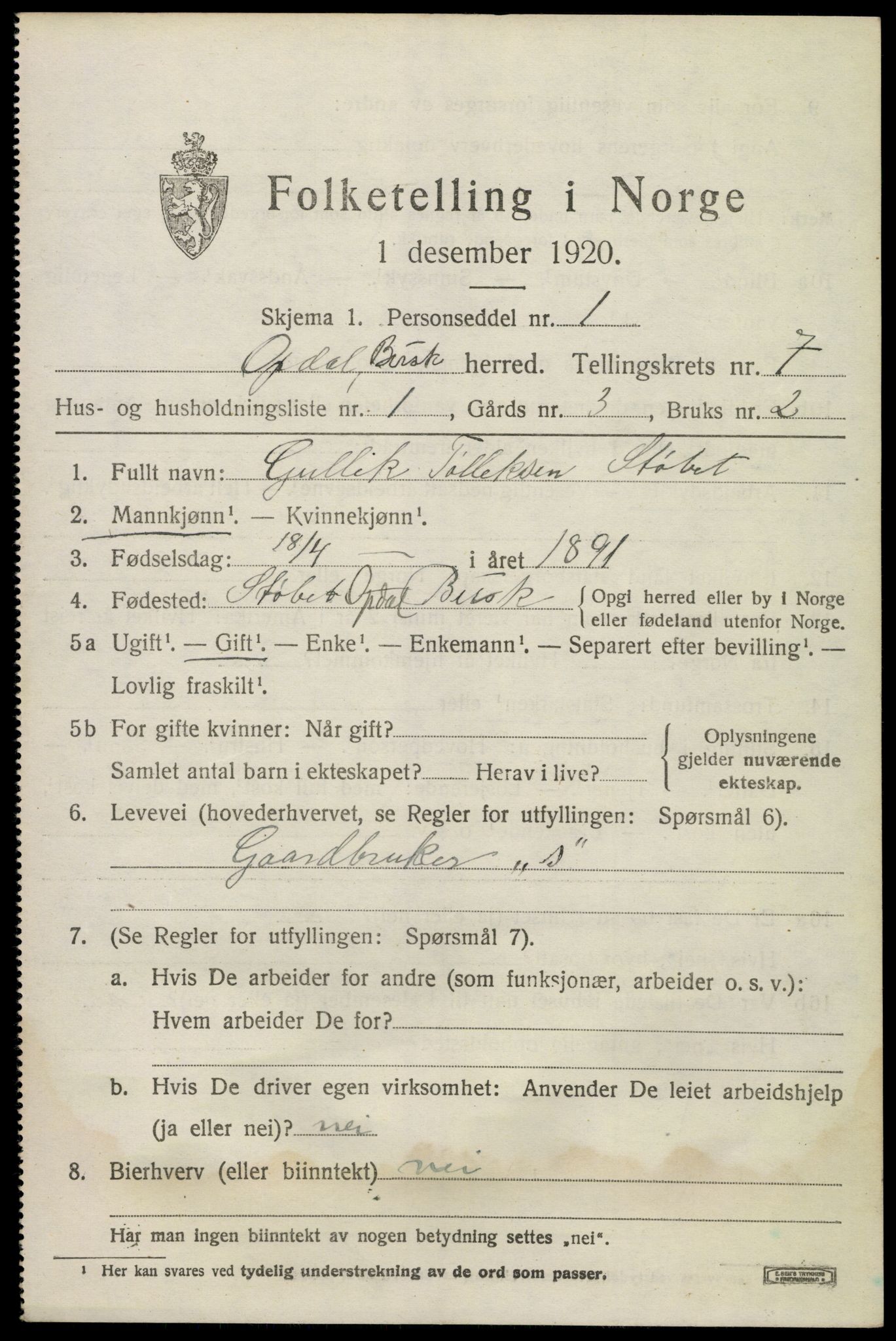 SAKO, 1920 census for Uvdal, 1920, p. 2739