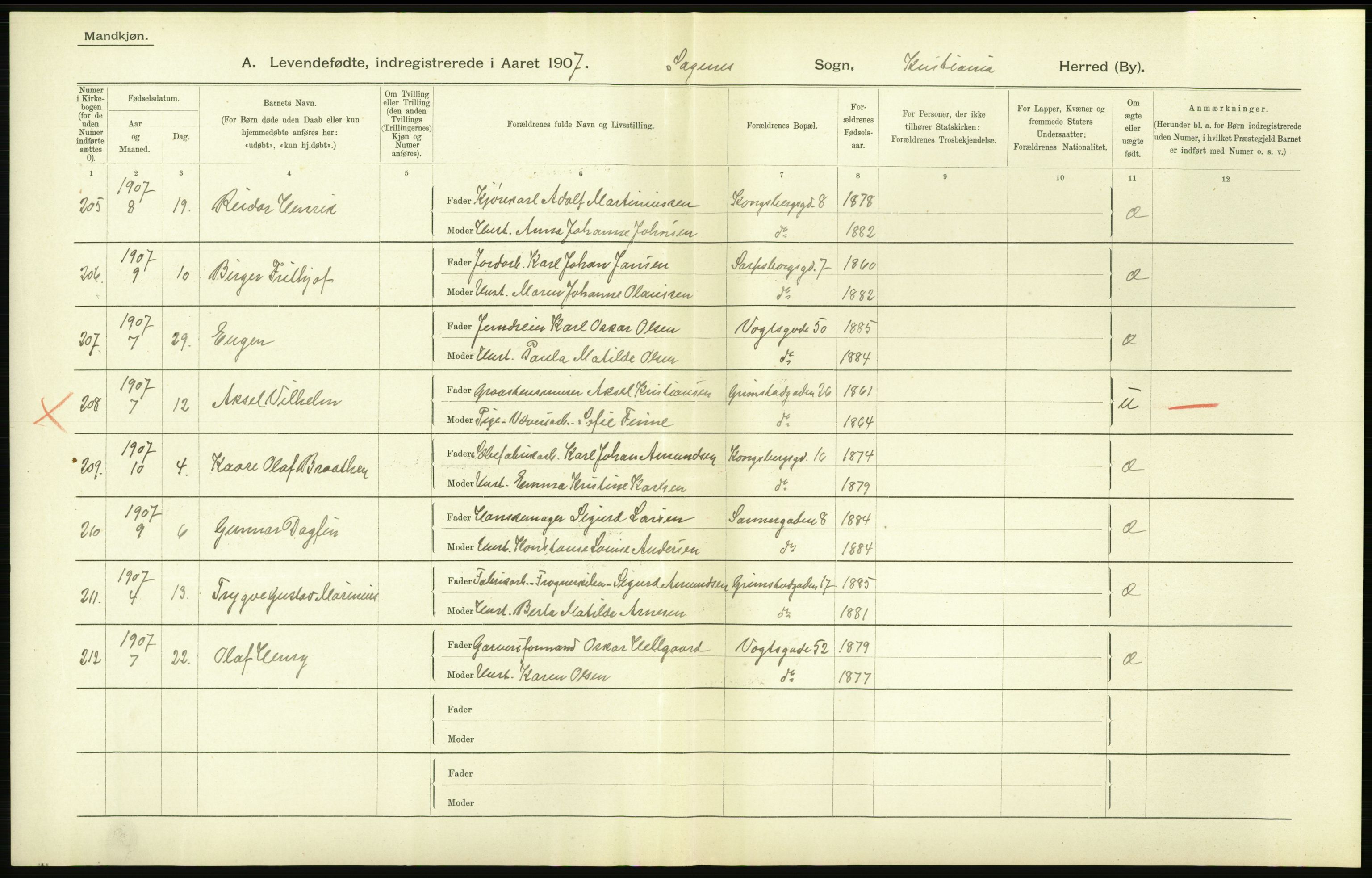 Statistisk sentralbyrå, Sosiodemografiske emner, Befolkning, AV/RA-S-2228/D/Df/Dfa/Dfae/L0006: Kristiania: Levendefødte menn og kvinner., 1907, p. 690