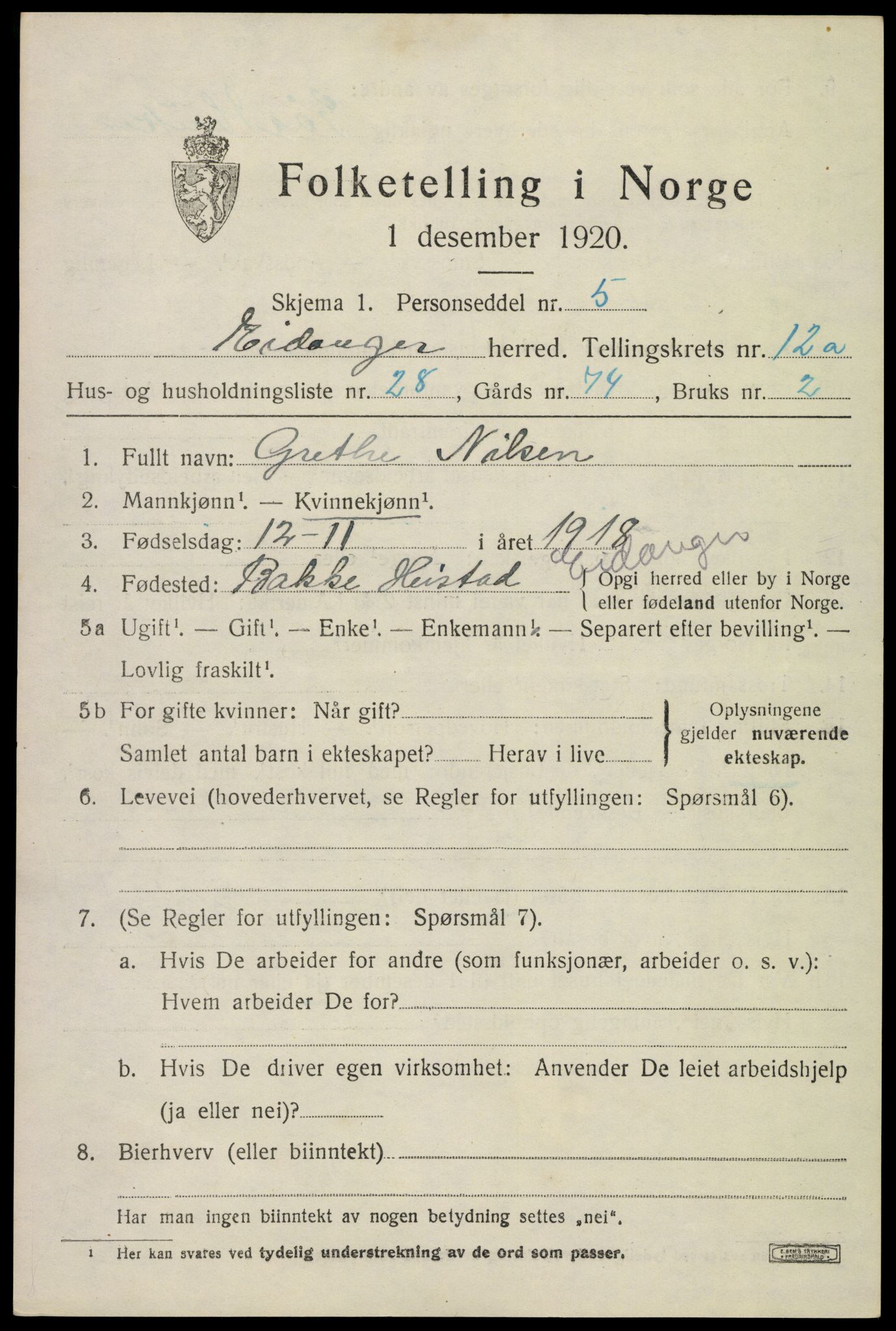 SAKO, 1920 census for Eidanger, 1920, p. 7494