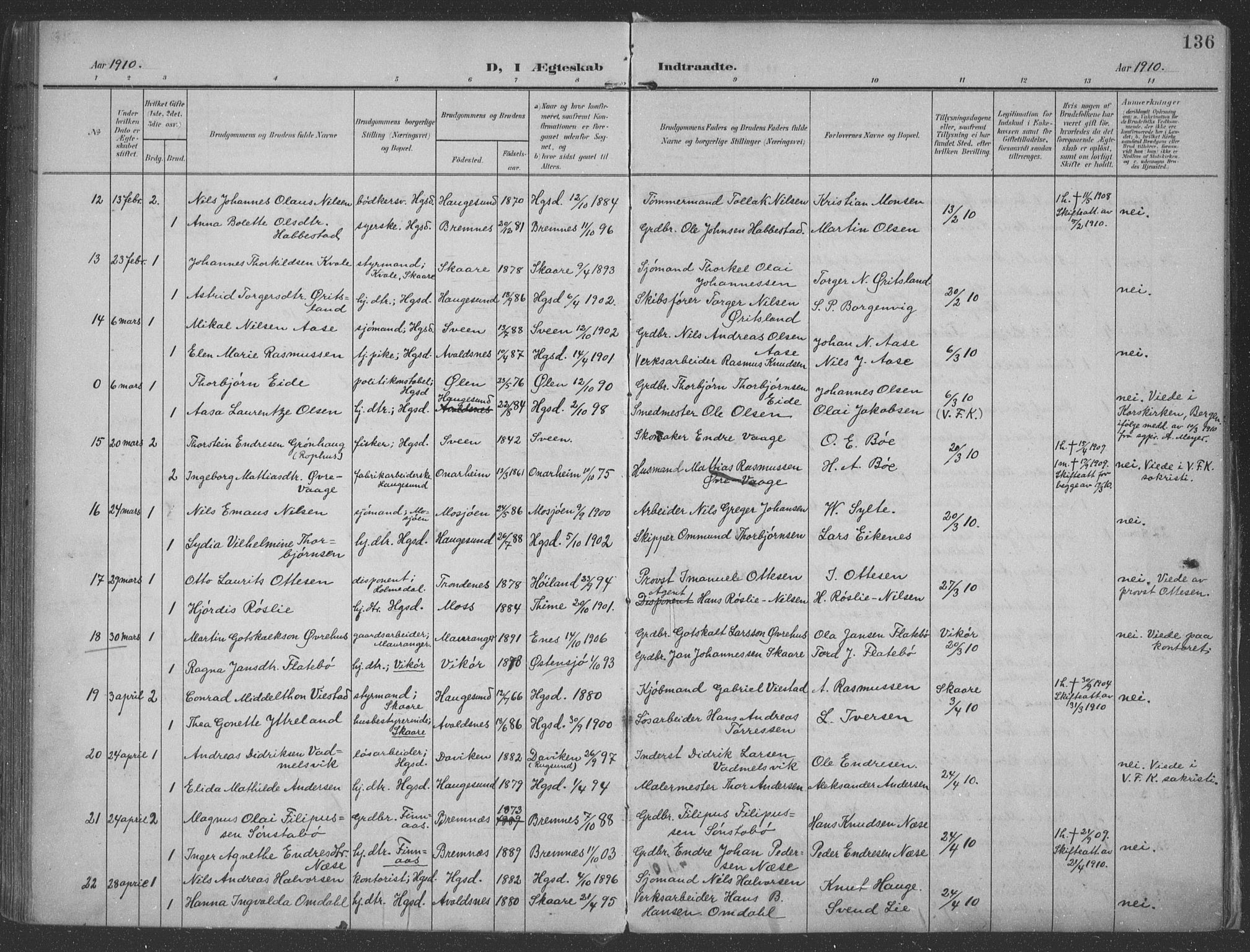 Haugesund sokneprestkontor, AV/SAST-A -101863/H/Ha/Haa/L0007: Parish register (official) no. A 7, 1904-1916, p. 136