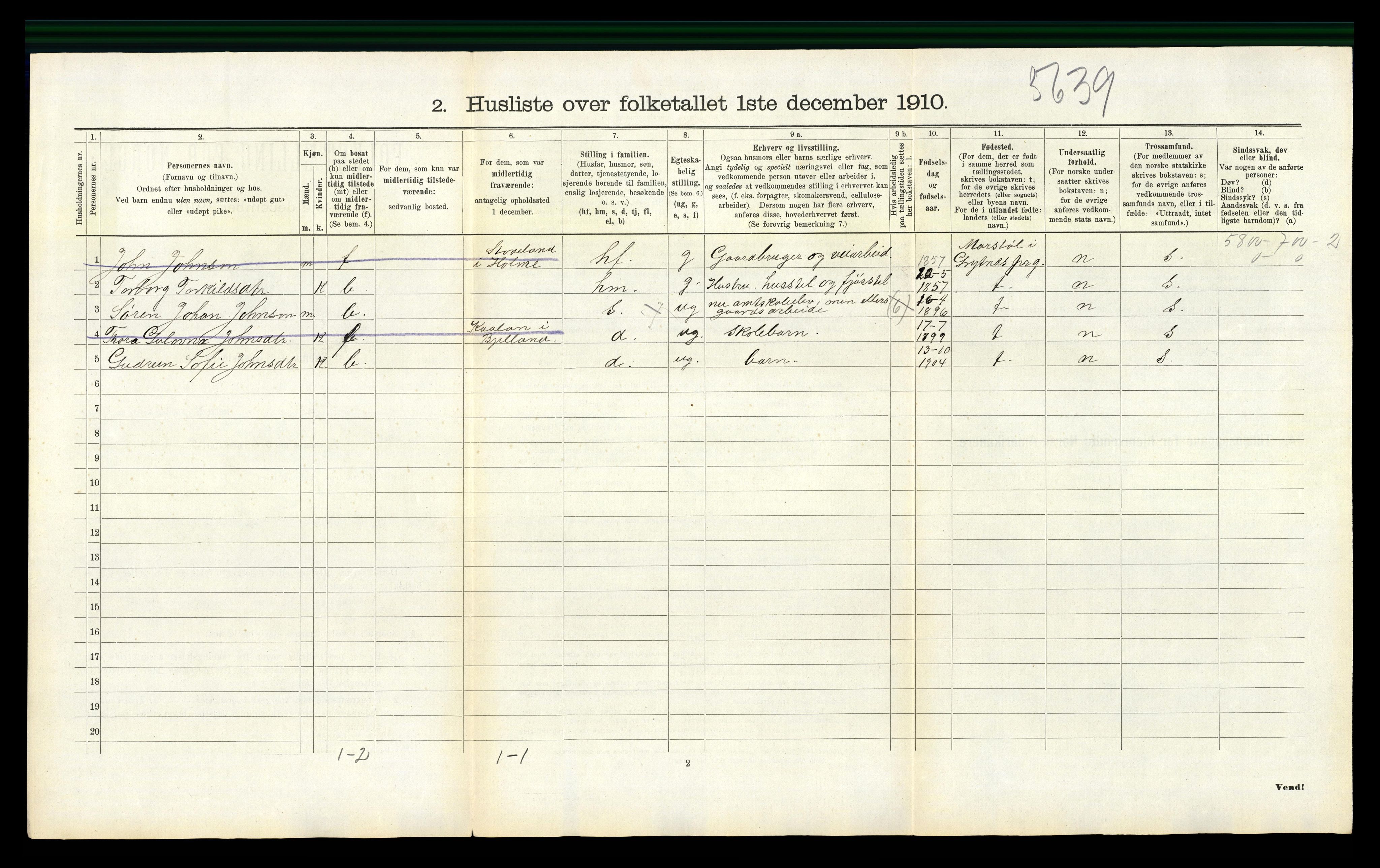 RA, 1910 census for Bjelland, 1910, p. 107