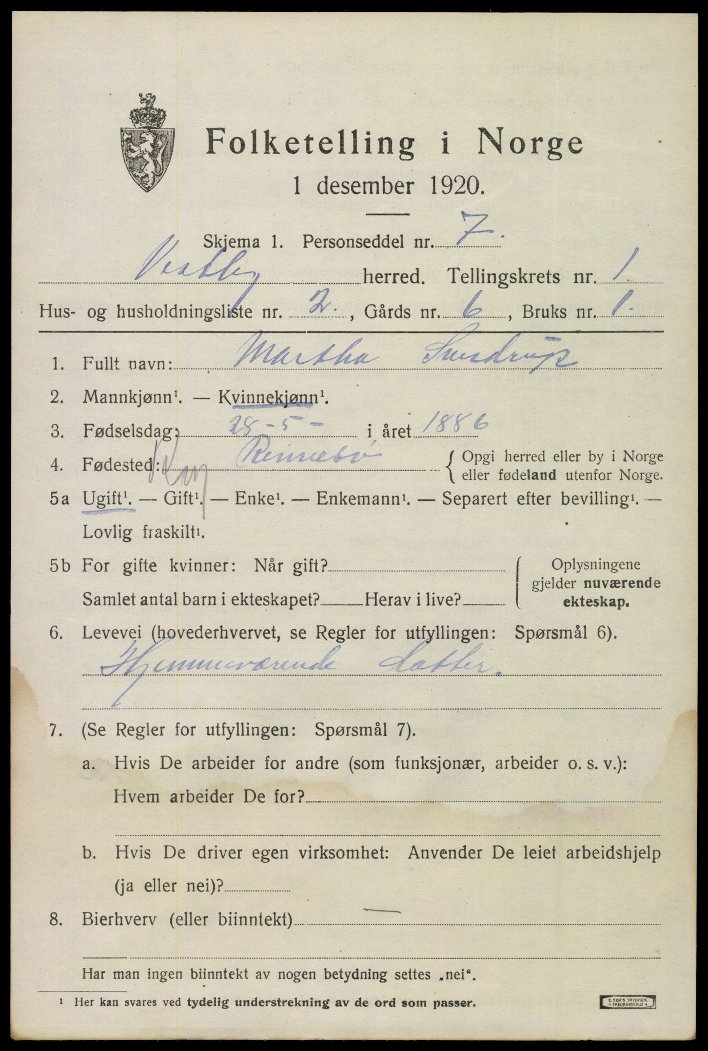 SAO, 1920 census for Vestby, 1920, p. 1255