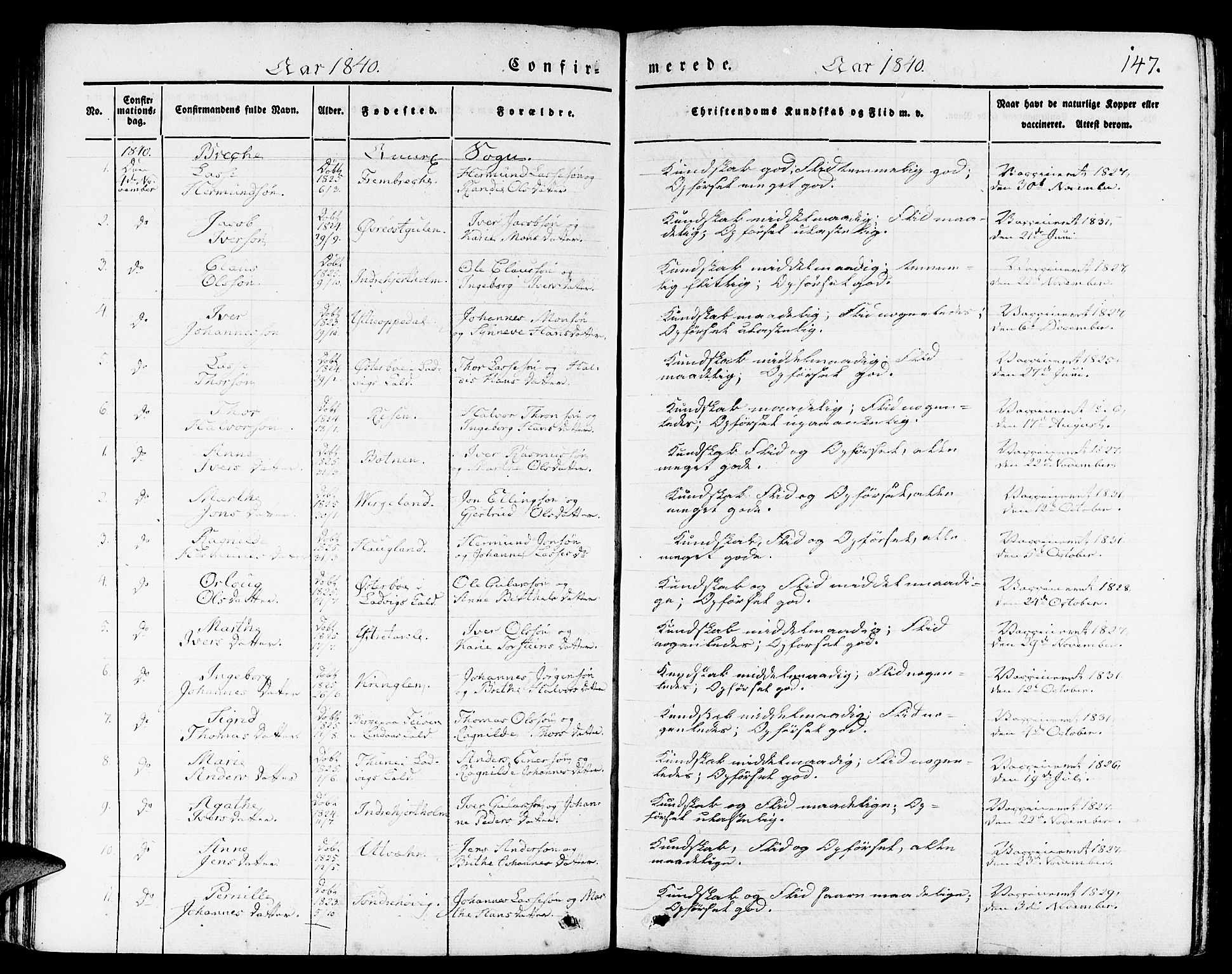 Gulen sokneprestembete, AV/SAB-A-80201/H/Haa/Haaa/L0020: Parish register (official) no. A 20, 1837-1847, p. 147