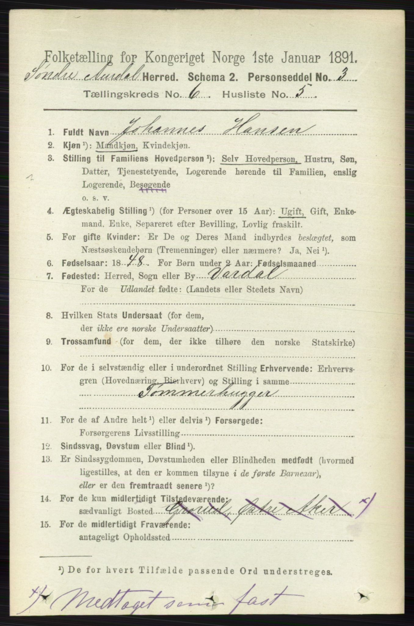 RA, 1891 census for 0540 Sør-Aurdal, 1891, p. 3826