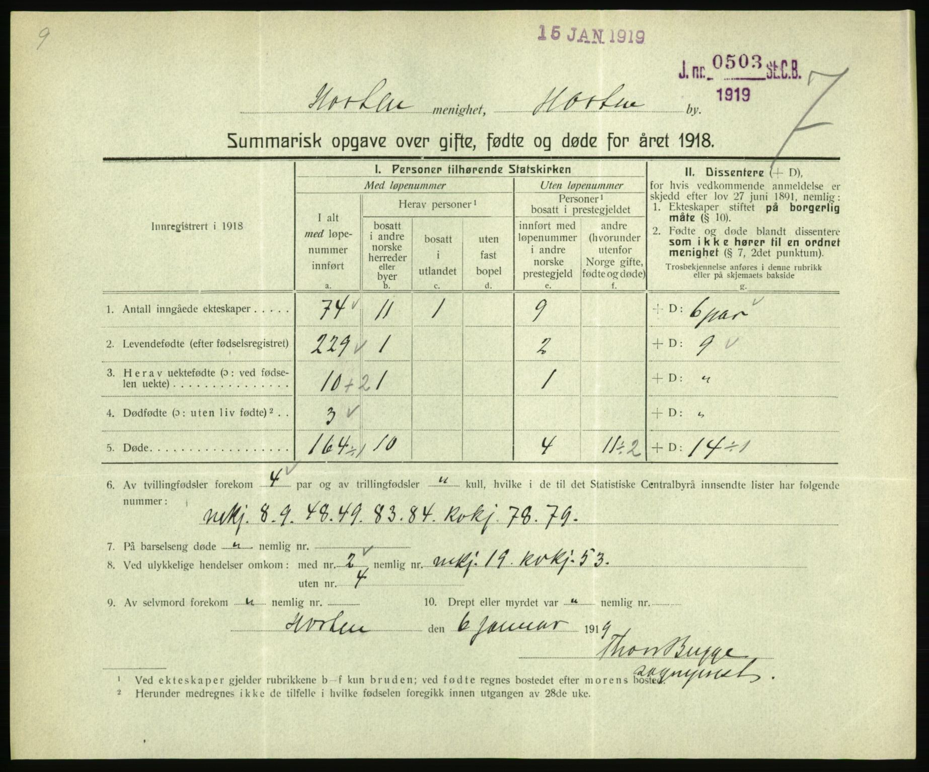 Statistisk sentralbyrå, Sosiodemografiske emner, Befolkning, RA/S-2228/D/Df/Dfb/Dfbh/L0059: Summariske oppgaver over gifte, fødte og døde for hele landet., 1918, p. 477