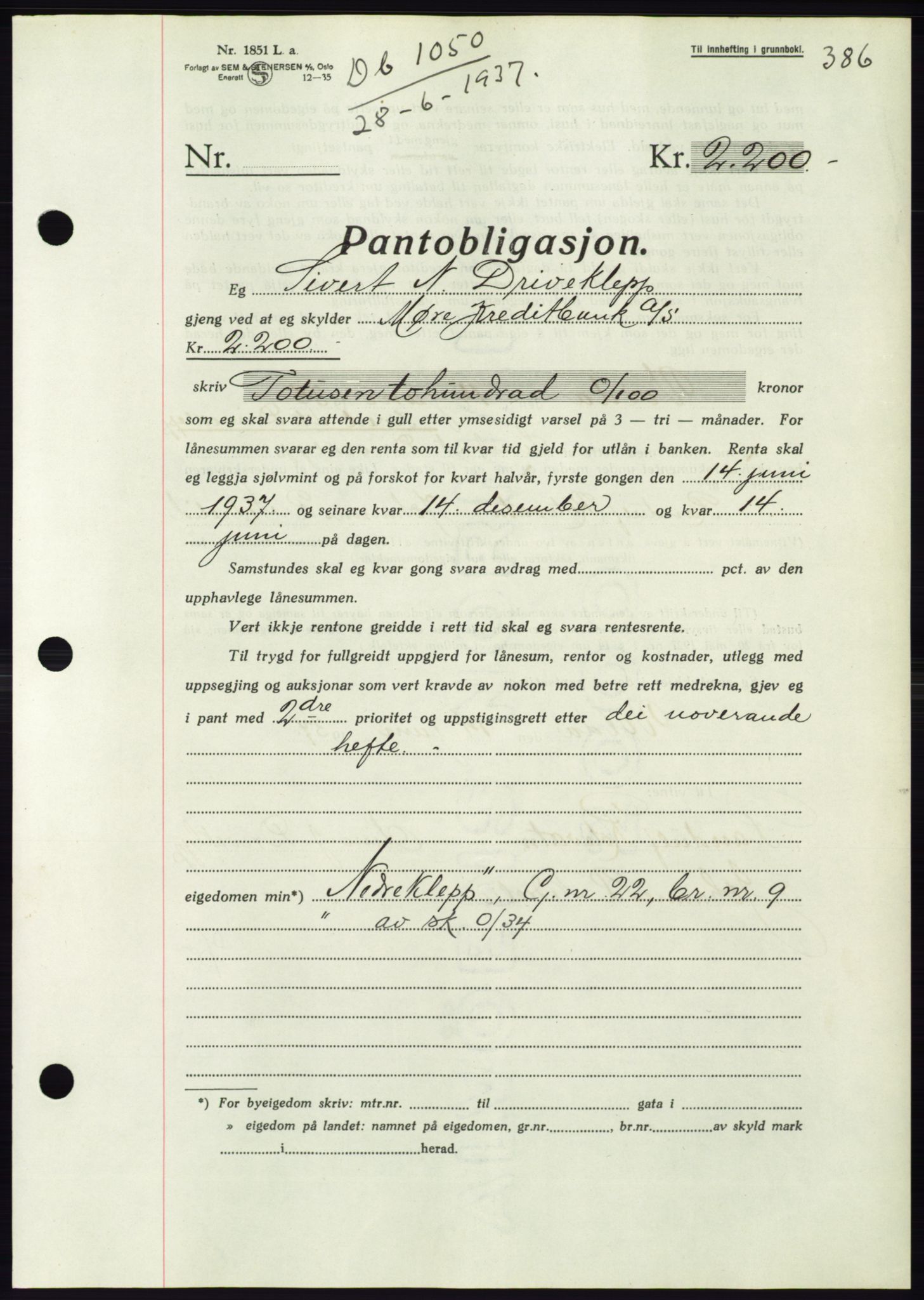 Søre Sunnmøre sorenskriveri, AV/SAT-A-4122/1/2/2C/L0063: Mortgage book no. 57, 1937-1937, Diary no: : 1050/1937