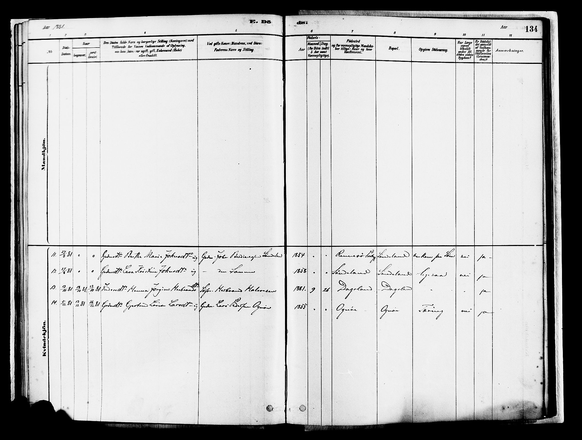 Tysvær sokneprestkontor, AV/SAST-A -101864/H/Ha/Haa/L0007: Parish register (official) no. A 7, 1878-1897, p. 134