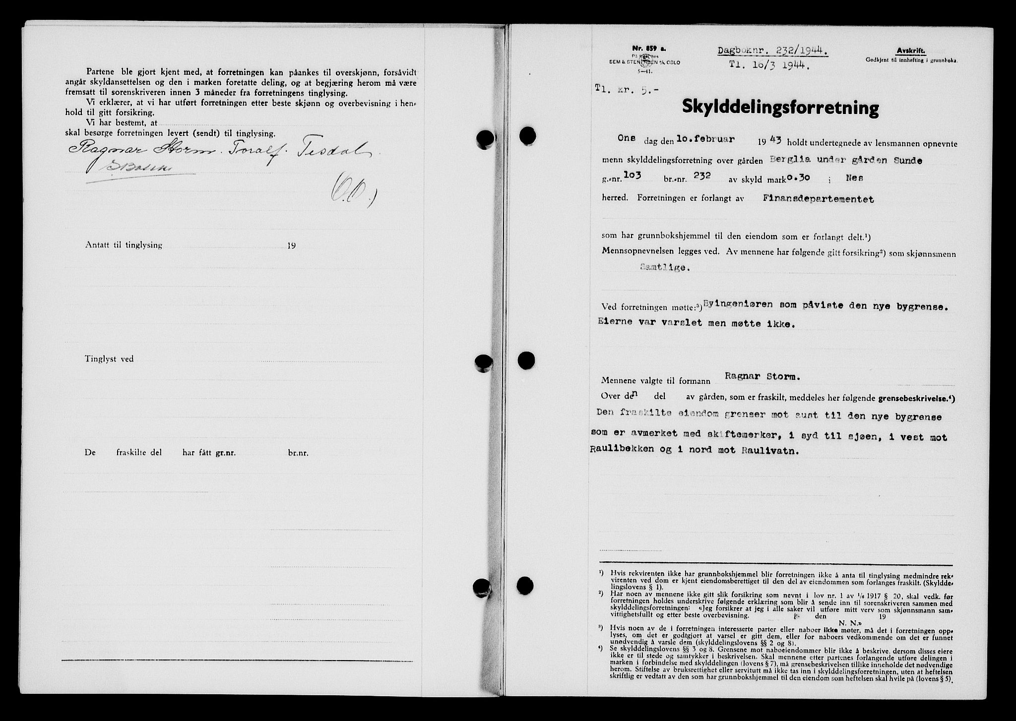 Flekkefjord sorenskriveri, SAK/1221-0001/G/Gb/Gba/L0059: Mortgage book no. A-7, 1944-1945, Diary no: : 232/1944