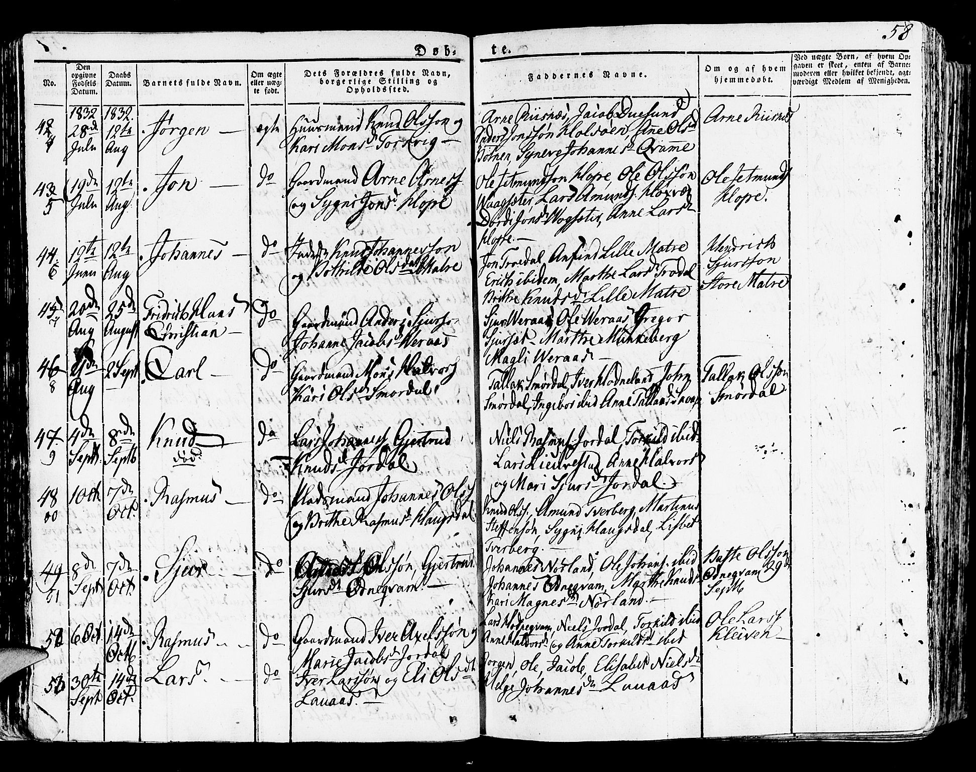 Lindås Sokneprestembete, AV/SAB-A-76701/H/Haa/Haaa/L0008: Parish register (official) no. A 8, 1823-1836, p. 58