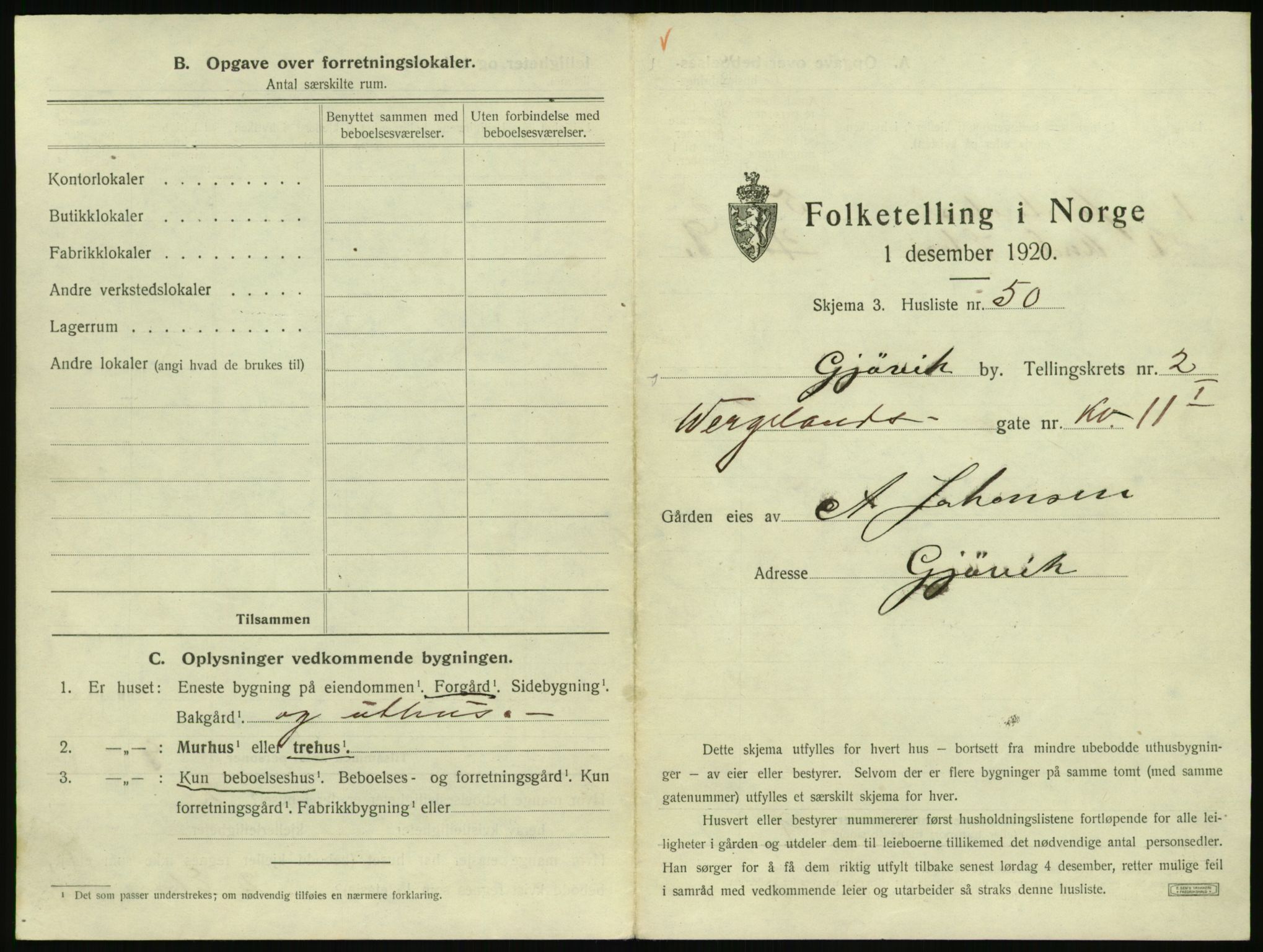 SAH, 1920 census for Gjøvik, 1920, p. 252