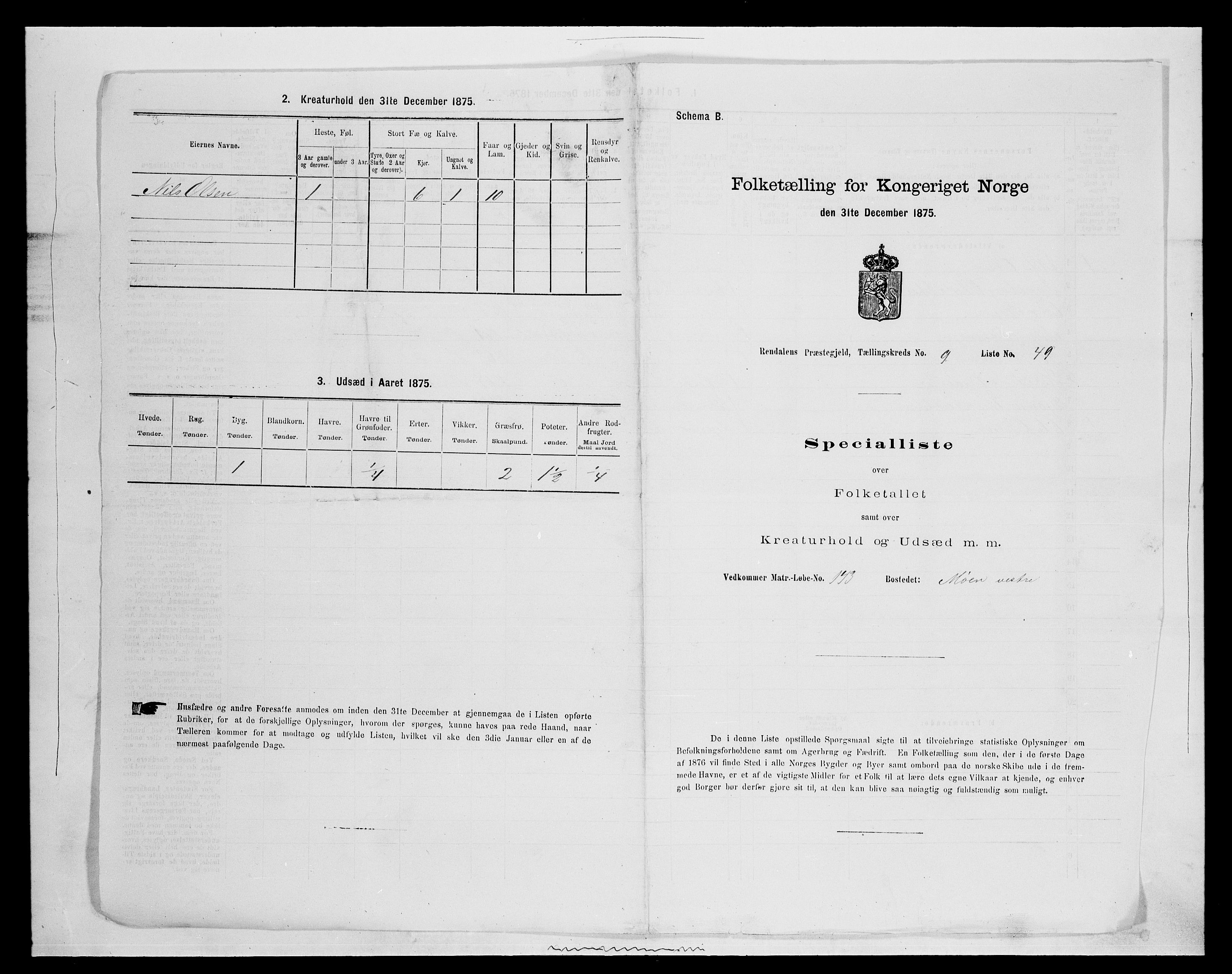 SAH, 1875 census for 0432P Rendalen, 1875, p. 912